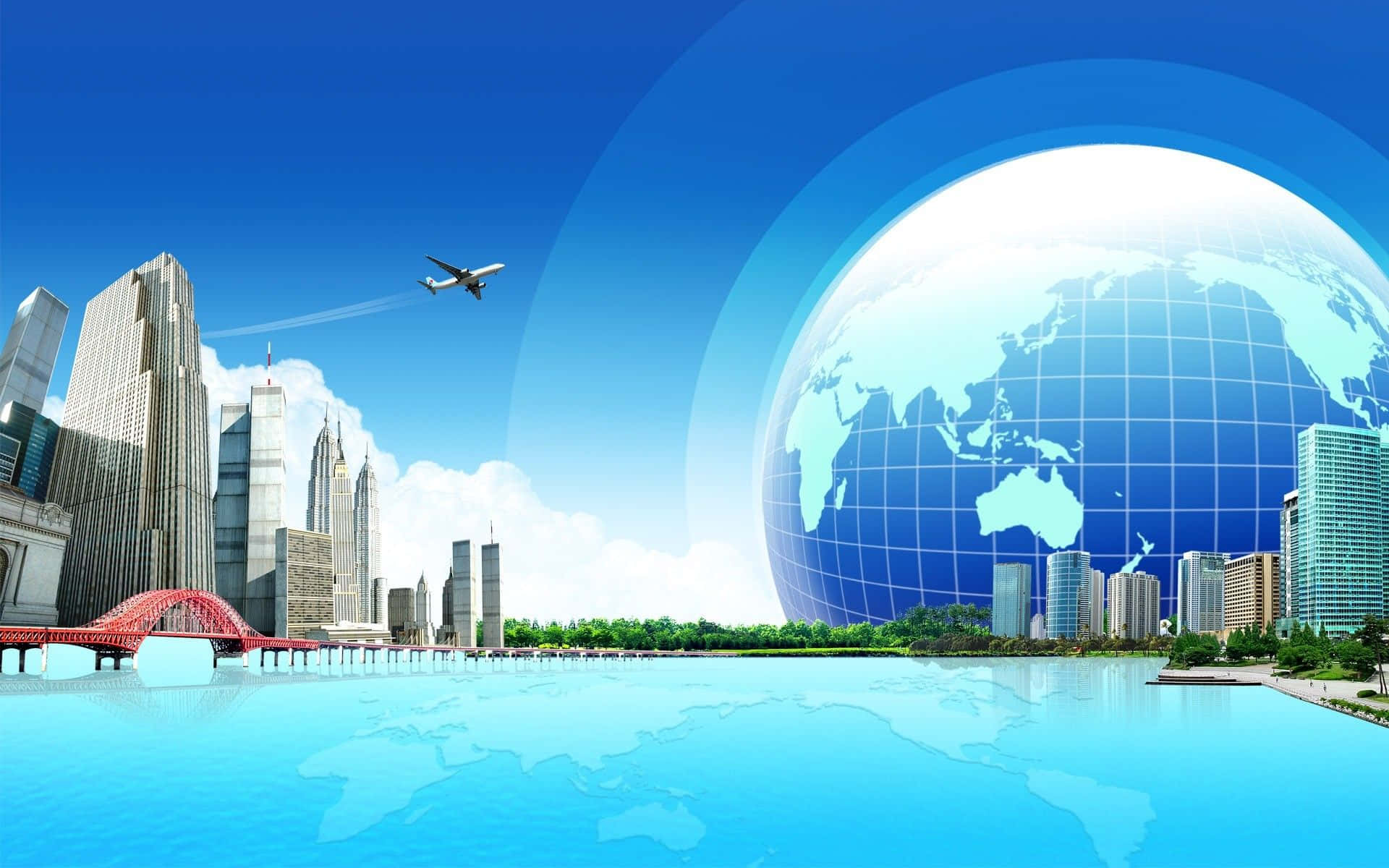 Travel Desktop 桌布 壁紙 — 未來城市景觀，有一個發光的藍色地球儀和一架飛機飛越水面和摩天大樓。