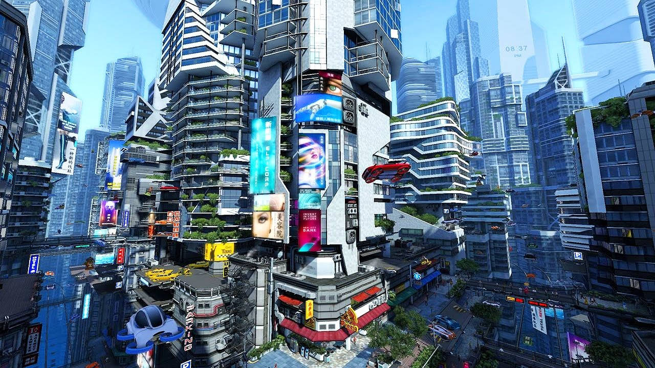 Futuristic City 桌布 壁紙 — 未來城市景觀，有高聳的摩天大樓、霓虹燈廣告牌和飛行汽車，在明亮的藍天下。