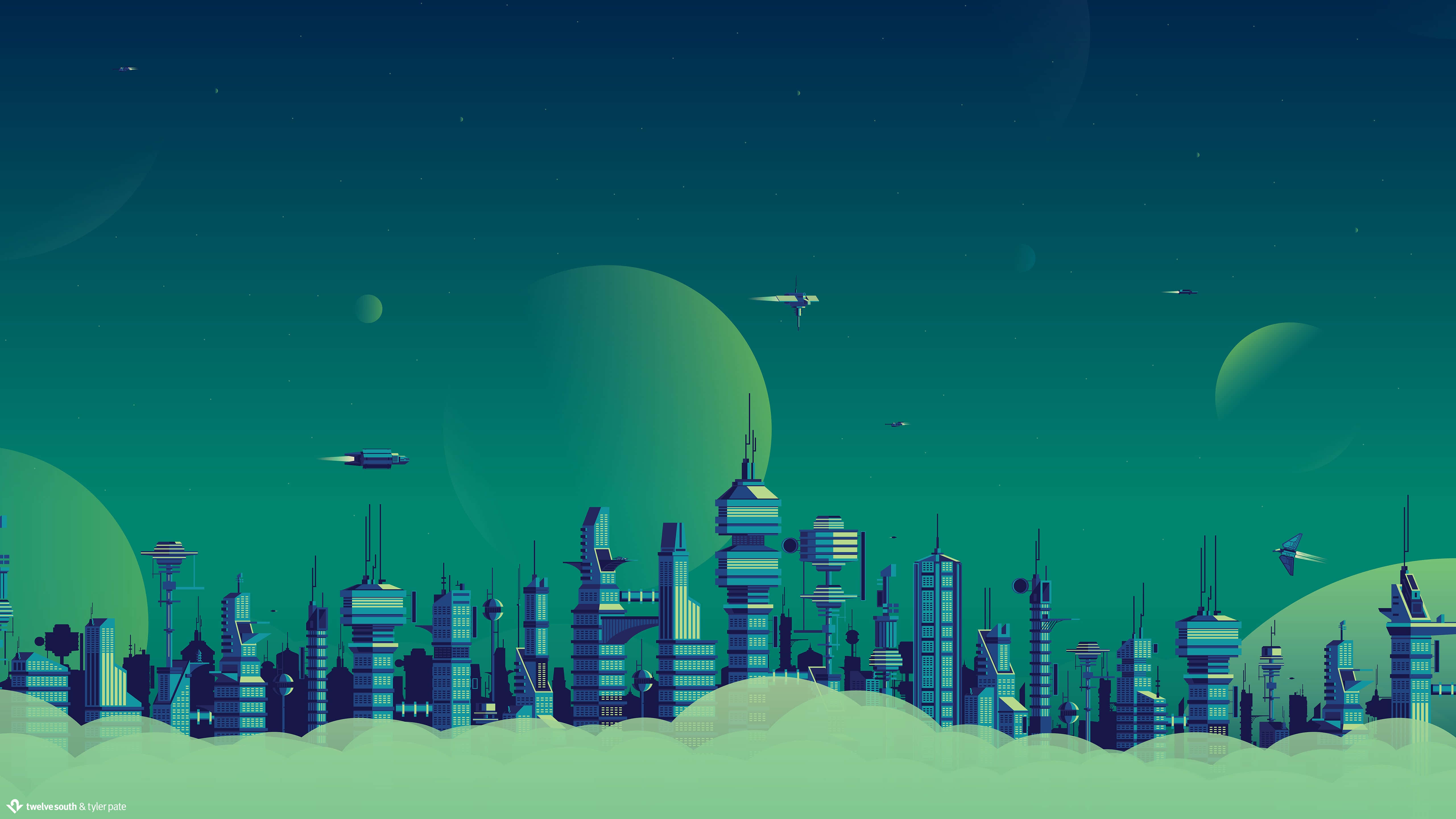 雙螢幕桌布 桌布 壁紙 — 未來城市景觀，發光的藍色建築，在青綠色的天空下，有漂浮的行星和飛船。