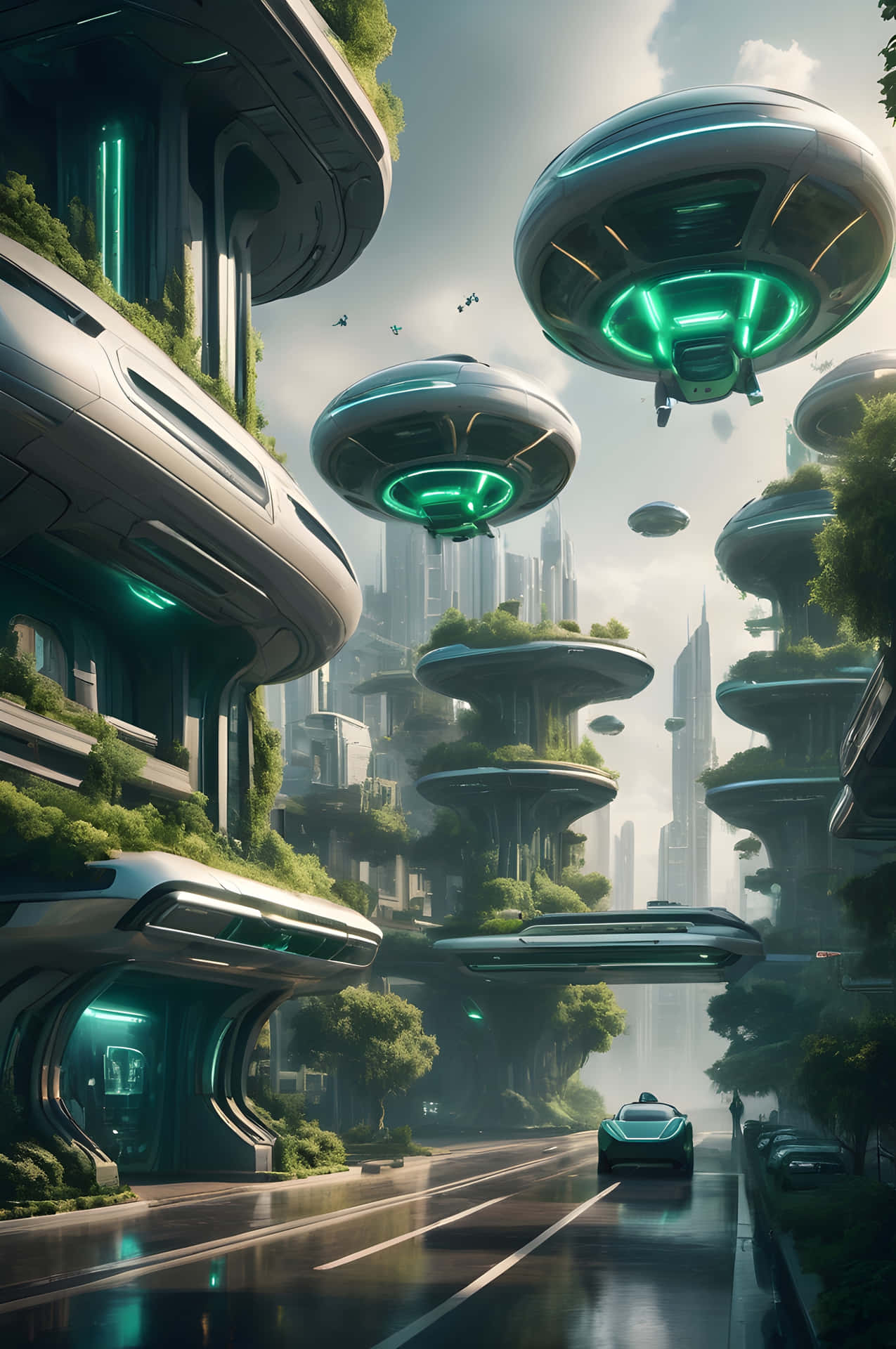 Utopia of the Floating Spires 壁紙 — 未來城市景觀，雲層密佈的天空下，閃爍綠色光芒的飛行汽車和光滑金屬建築上的垂直花園。