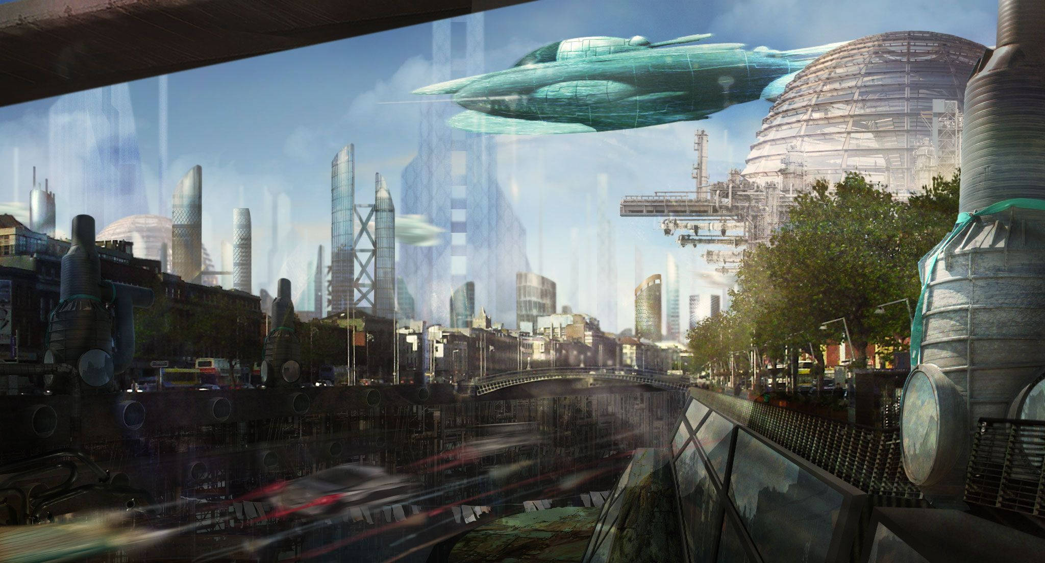 Futuristic City 桌布 壁紙 — 未來城市景觀，青綠色飛船在現代摩天大樓與傳統建築交融的運河上空翱翔，倒映在水中。