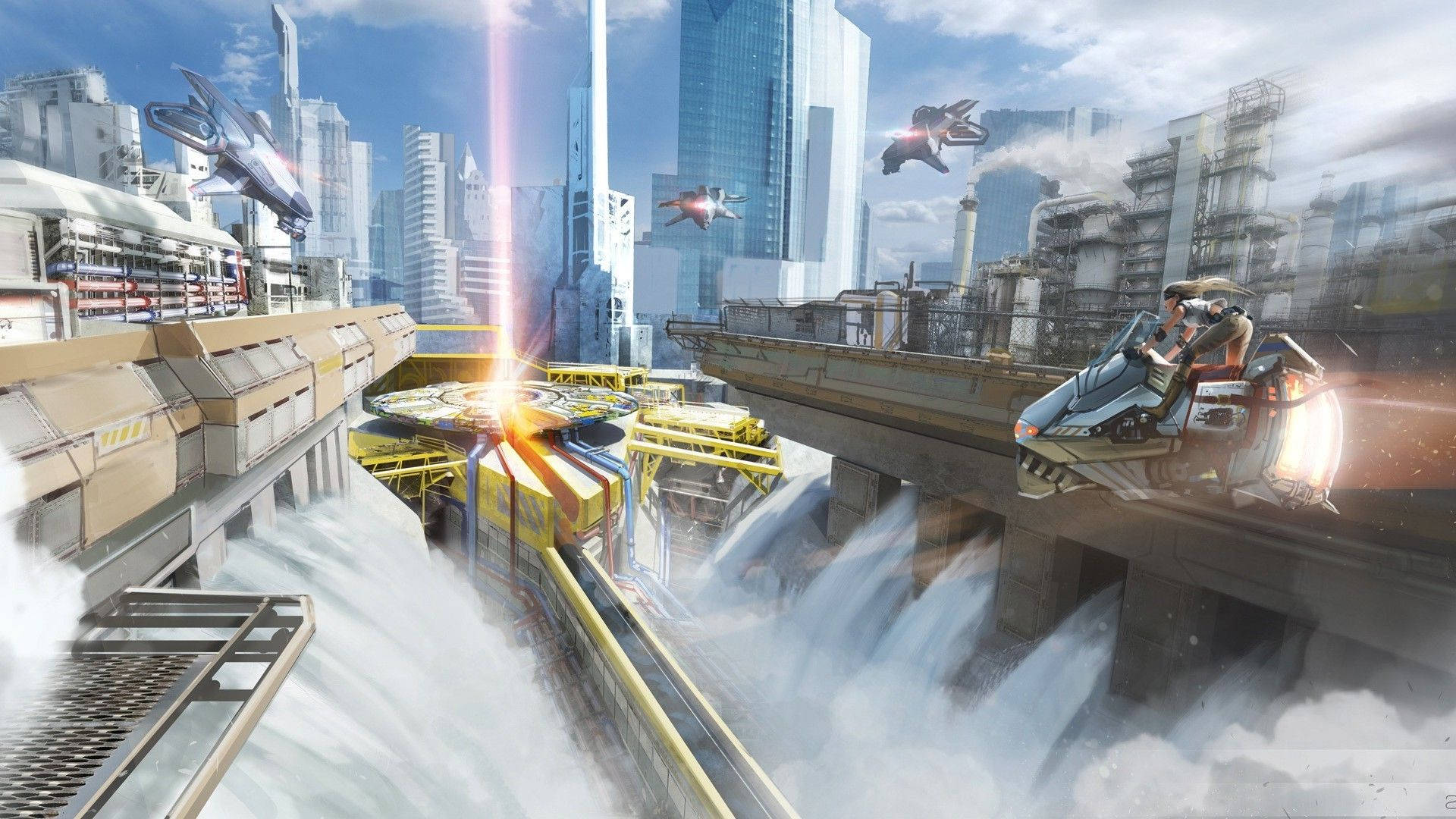 Futuristic City 桌布 壁紙 — 未來城市景觀，飛行車輛在明亮的藍天下，於高聳摩天大樓之間的瀑布上競速。