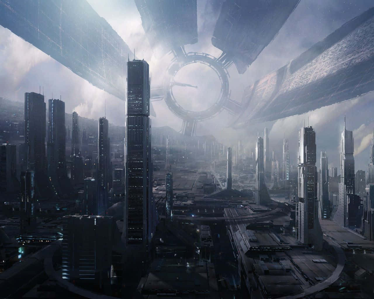 Coruscant 桌布 壁紙 — 未來城市景觀，高聳的摩天大樓下方有一個巨大的環形太空船在霧氣瀰漫的天空中盤旋。