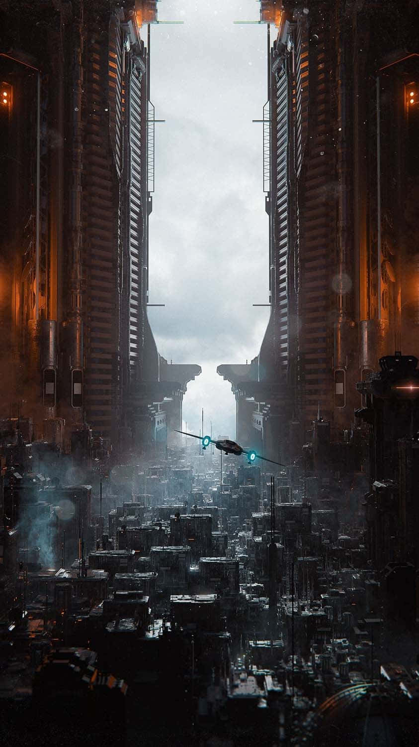 Future City 桌布 壁紙 — 未來城市景觀，高聳的摩天大樓和一艘發光的太空船飛過狹窄的鋼鐵和玻璃峽谷。