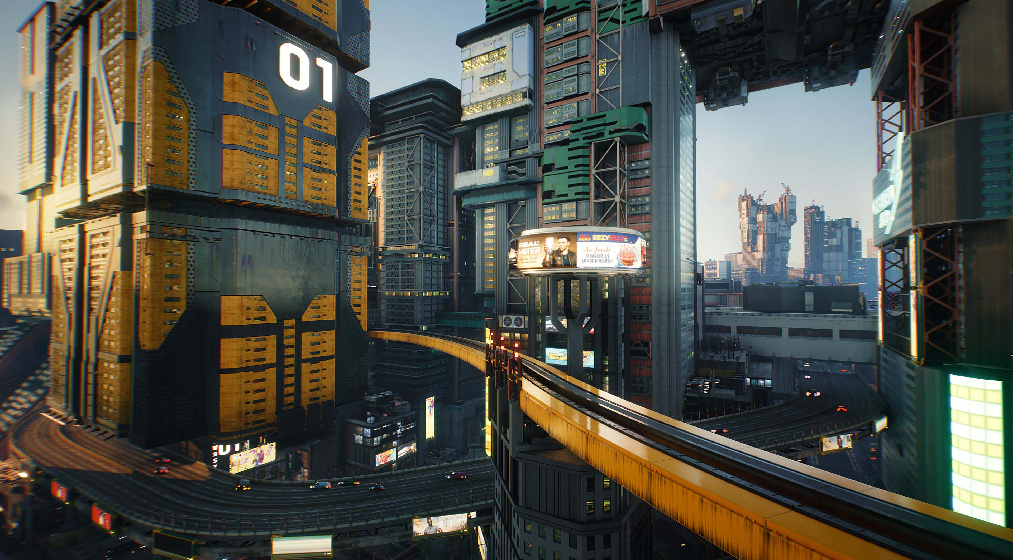 Sci Fi Games 桌布 壁紙 — 未來城市景觀，高聳的摩天大樓和發光的霓虹燈招牌，籠罩在朦朧的天空下。