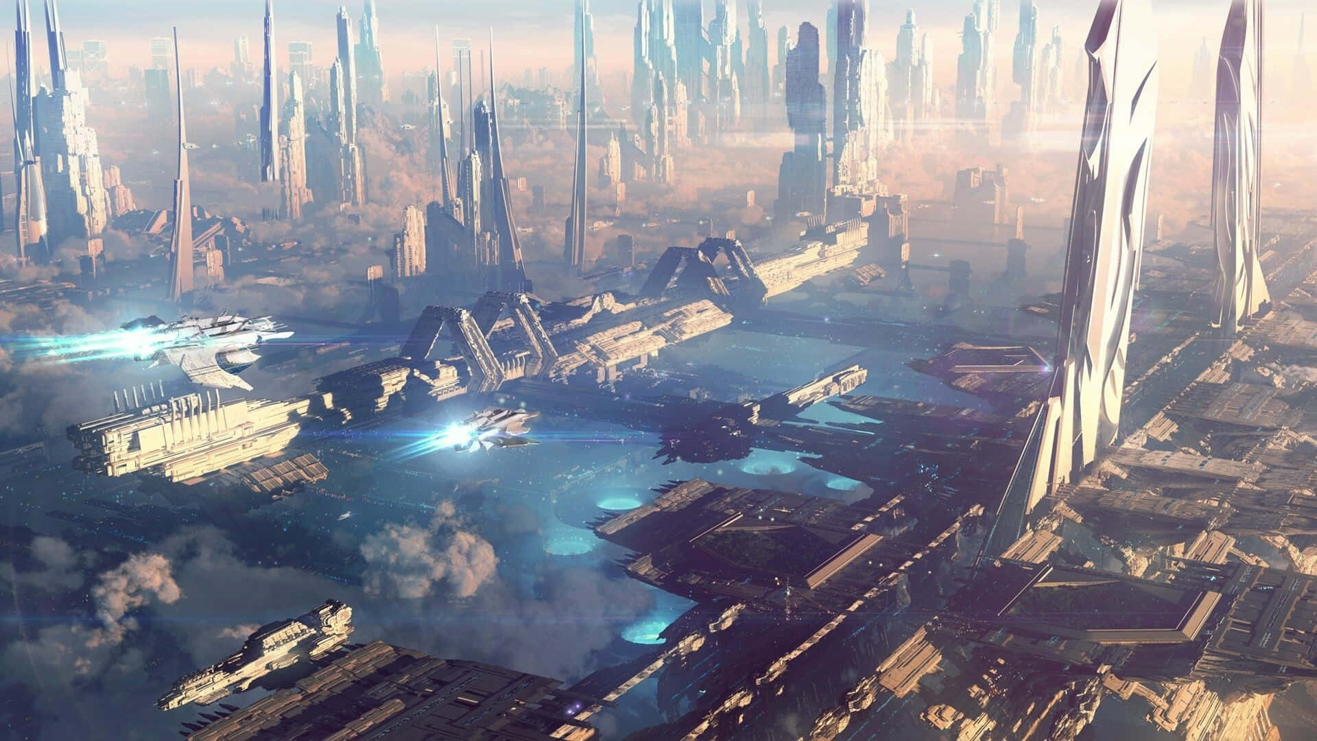 Future City 桌布 壁紙 — 未來城市景觀，高聳的摩天大樓和飛行太空船在朦朧天空下閃爍藍色水道之上。
