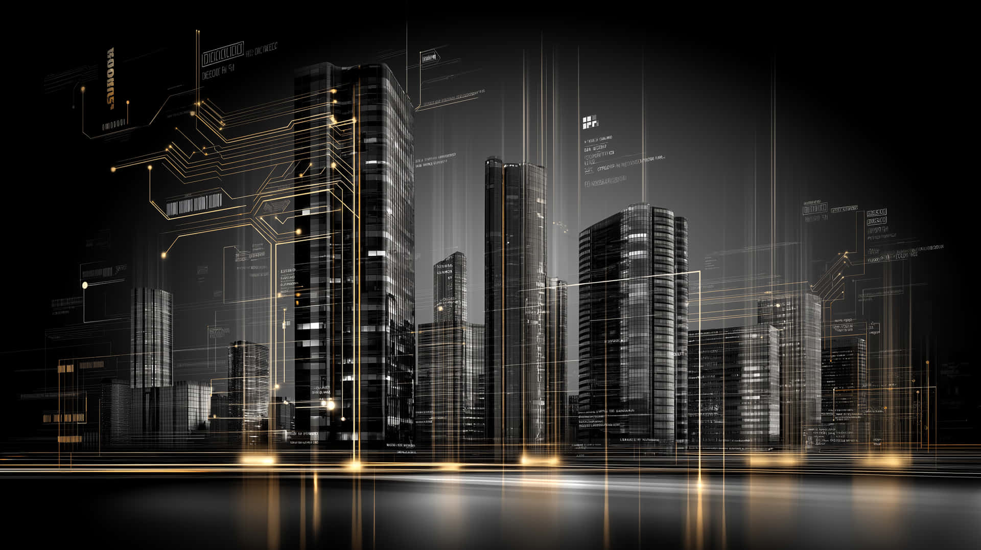 Digital Finance Skyline 壁紙 — 未來城市景觀，高聳的摩天大樓被發光的金色電路和數位數據流覆蓋，背景為黑暗。
