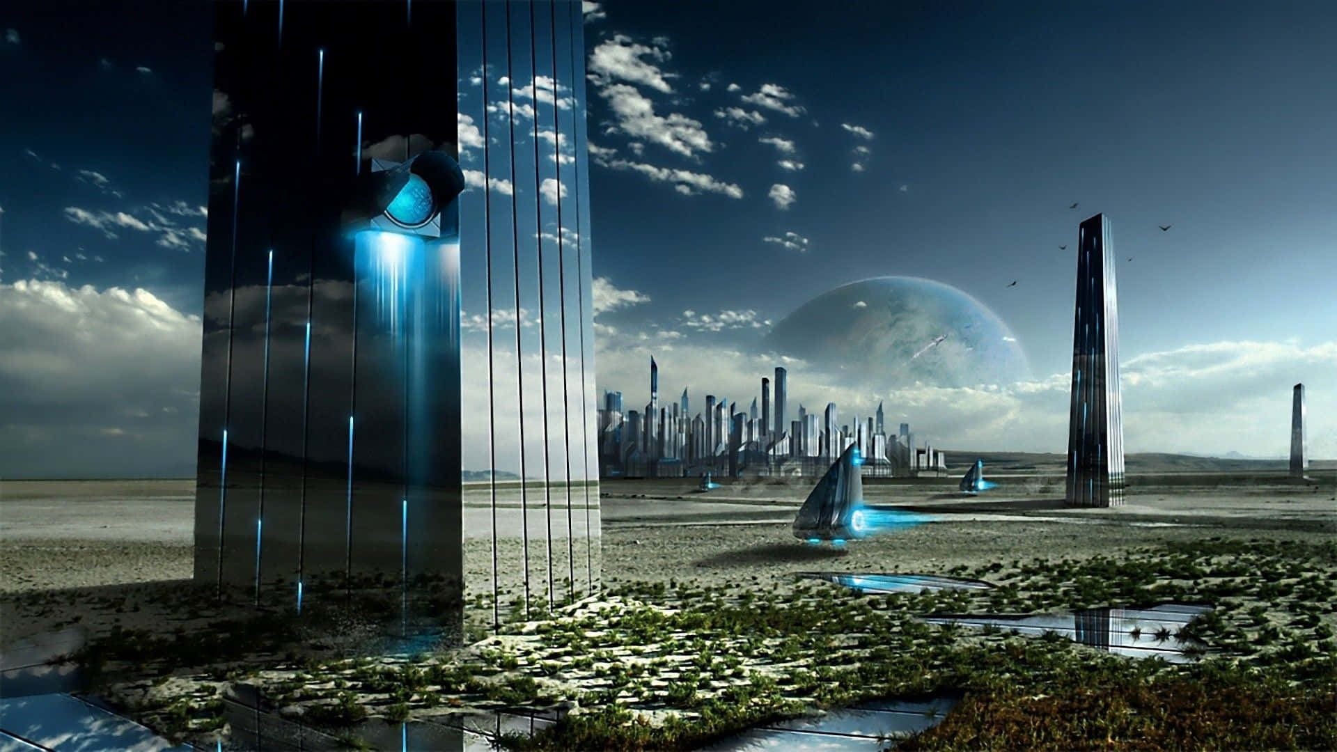Cartoon Sci-fi 桌布 壁紙 — 未來城市景觀，高聳的玻璃摩天大樓和發光的藍色能量光束，在暮色天空下，遠處有一顆巨大的行星。