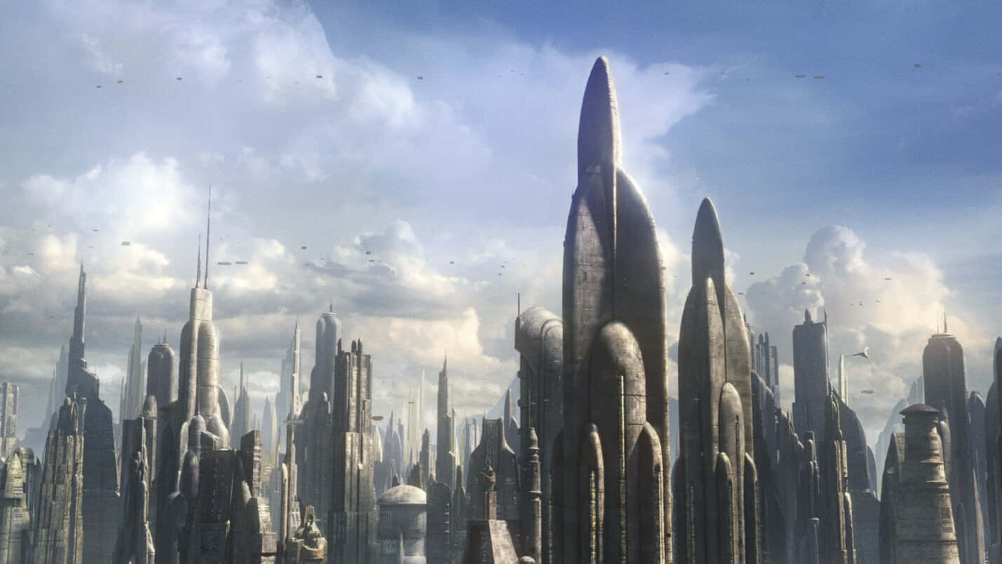 Coruscant 桌布 壁紙 — 未來城市景觀，高聳的金屬尖塔和飛行車輛，天空多雲。