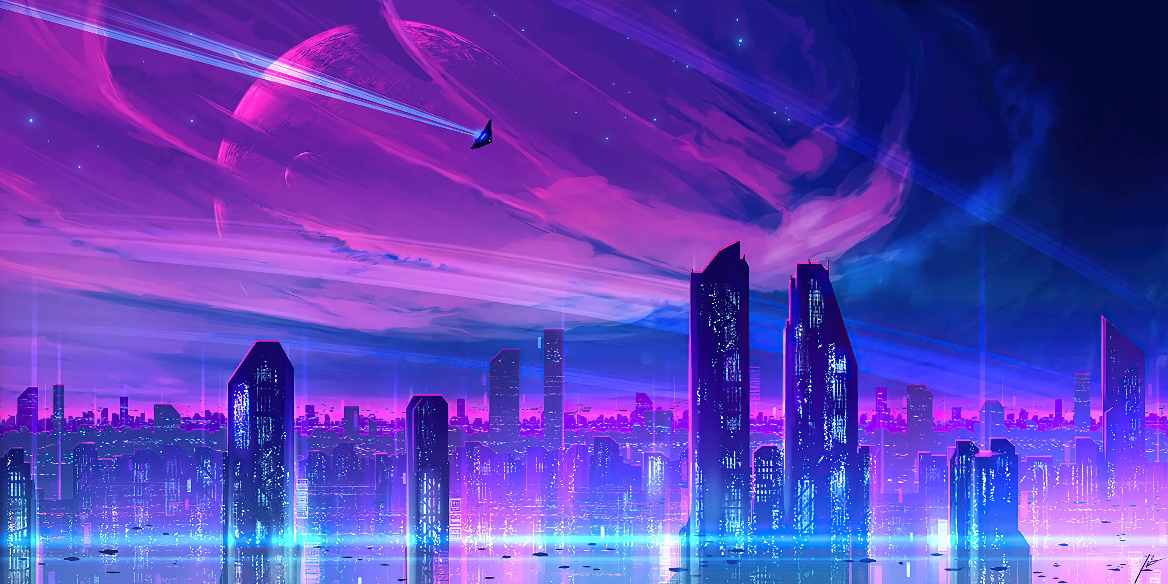 Sci Fi Landscape 桌布 壁紙 — 未來城市景觀在宇宙天空下，有行星和飛船，散發著霓虹紫色和藍色的光芒。