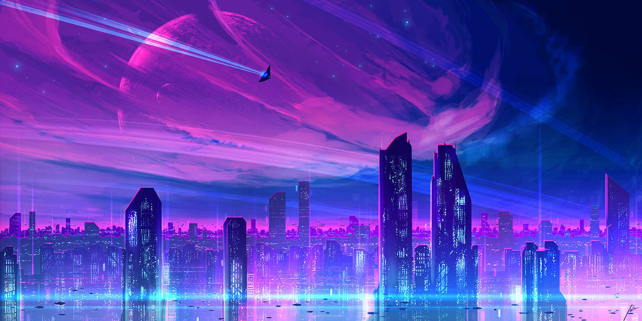 Digital 桌布 壁紙 — 未來城市景觀在宇宙天空下閃耀著霓虹紫色和藍色光芒，天空中有行星和飛船。