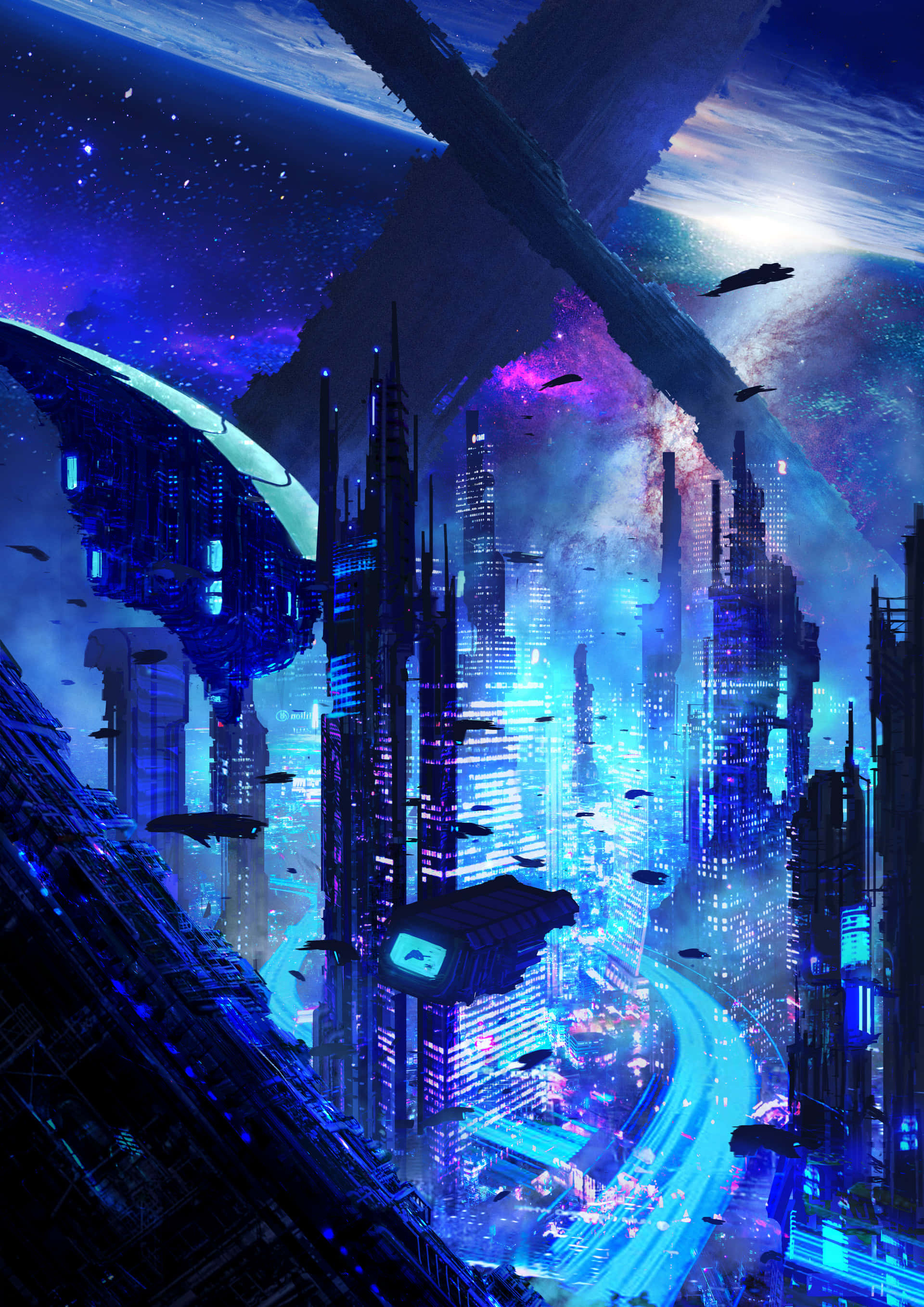Future 桌布 壁紙 — 未來城市景觀在星空宇宙天空下閃爍著霓虹藍和紫色，漂浮著太空船。
