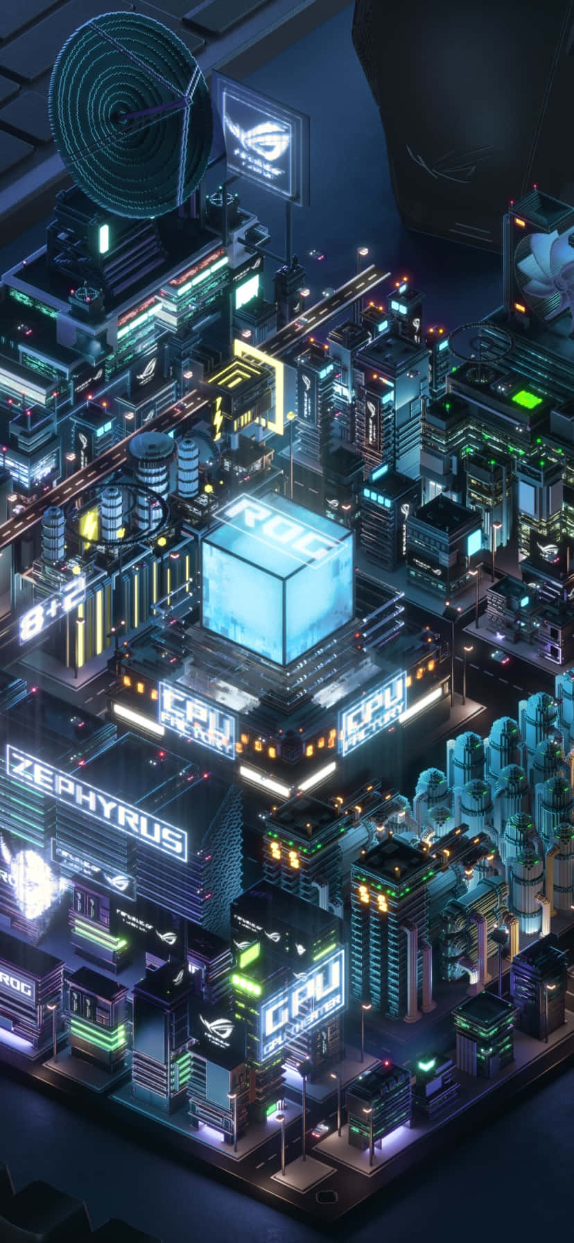 828x1792 桌布 壁紙 — 未來城市景觀建於發光主機板上，霓虹燈和科技標誌照亮夜空。