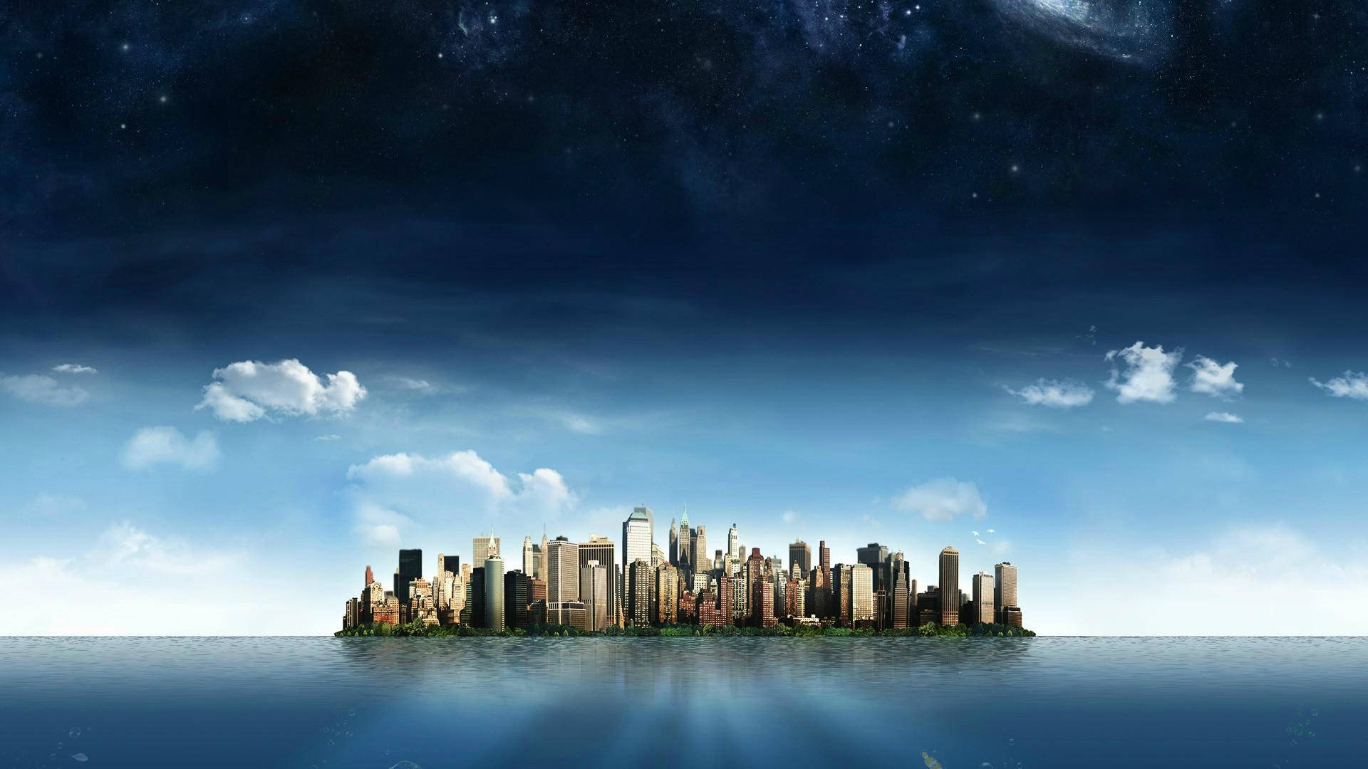 1080p HD 桌布 壁紙 — 未來城市景觀漂浮在平靜的水面上，星空夜空下有柔軟的雲朵。