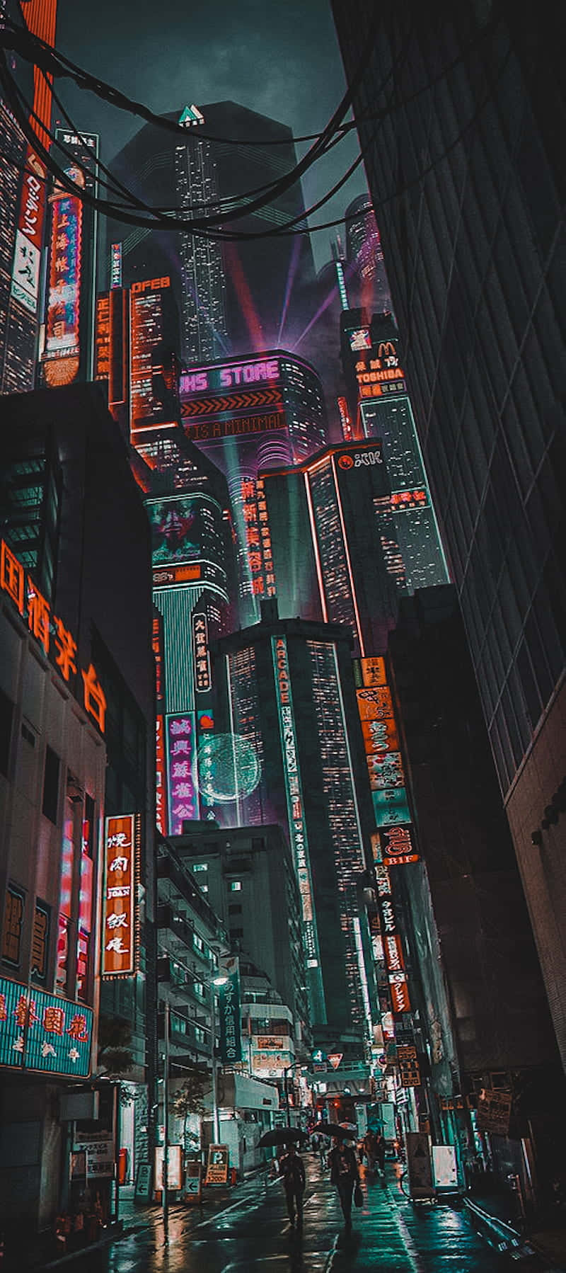Pixel 3 Cyberpunk 2077 桌布 壁紙 — 未來城市的夜晚，一條被雨水浸濕、霓虹燈閃爍的小巷，高聳的摩天大樓和發光的招牌在濕漉漉的路面上反射。
