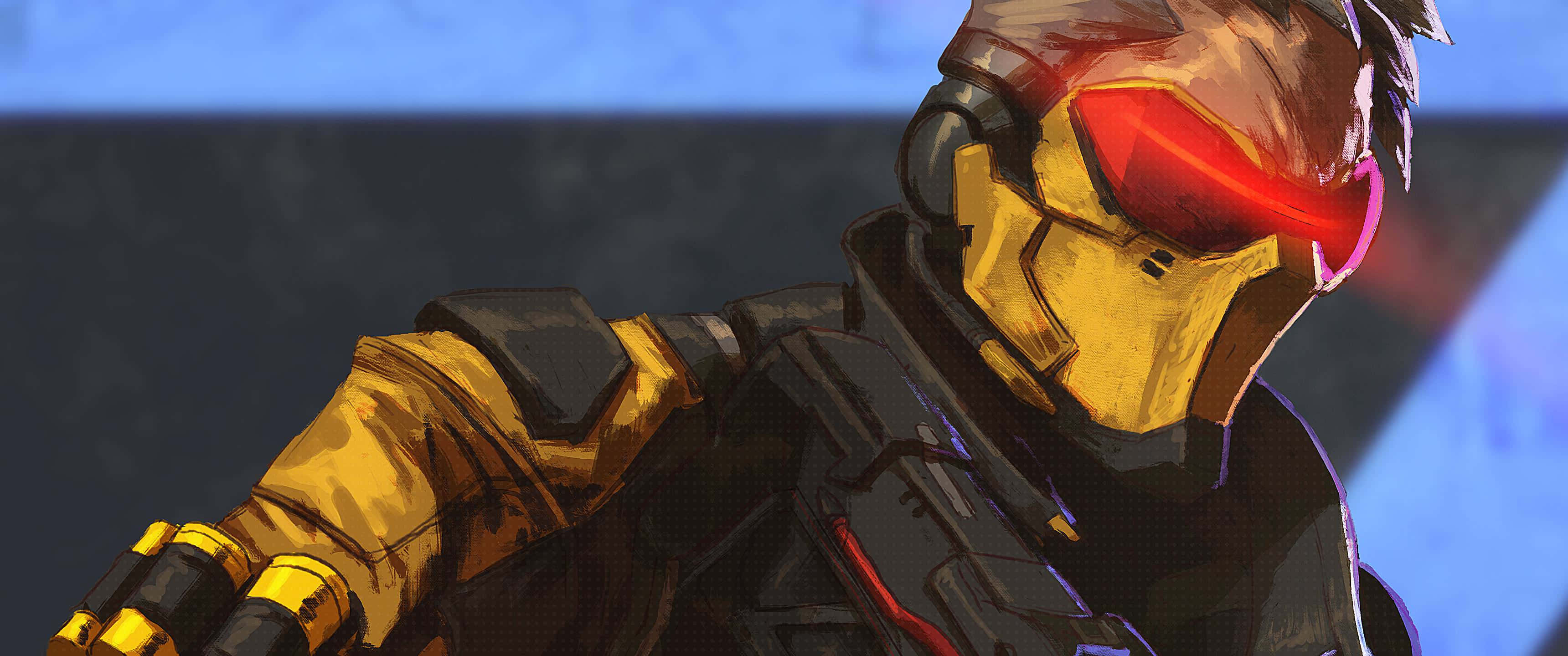 Soldier 76 桌布 壁紙 — 未來士兵身穿金色和黑色盔甲、紅色發光面罩的特寫，背景為藍色和灰色。