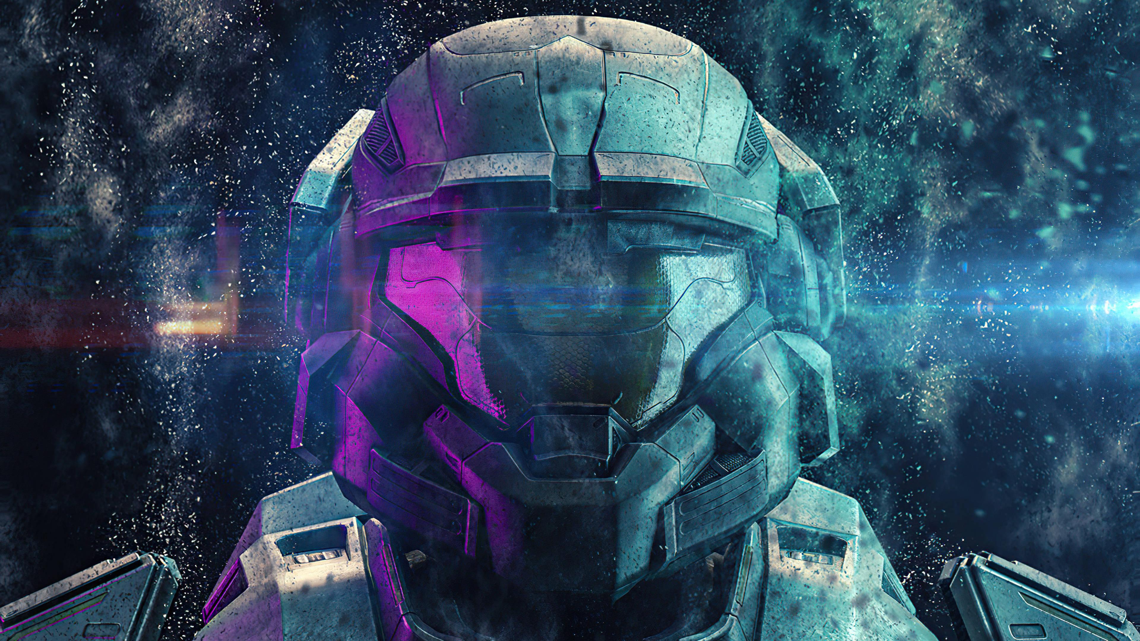 Master Chief 桌布 壁紙 — 未來士兵頭盔的特寫，在宇宙星空背景下發出紫色和藍色光芒。