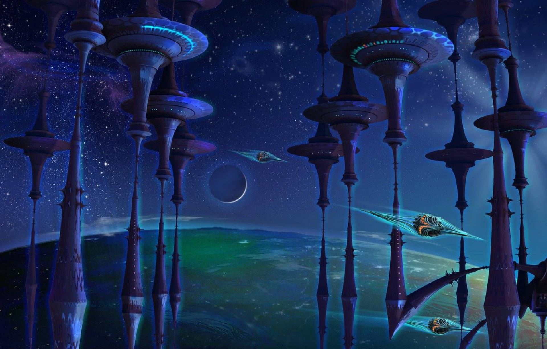 奇幻 桌布 壁紙 — 未來外星城市，發光塔樓和飛行船在星空宇宙背景下。