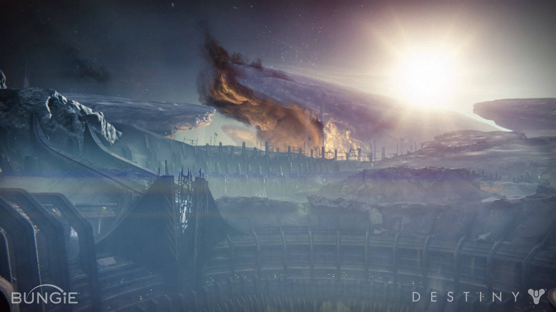 destiny 4K 桌布 壁紙 — 未來外星城市景觀沐浴在暮色中，一顆巨大的火流星劃過星空，掠過參差不齊的金屬懸崖。
