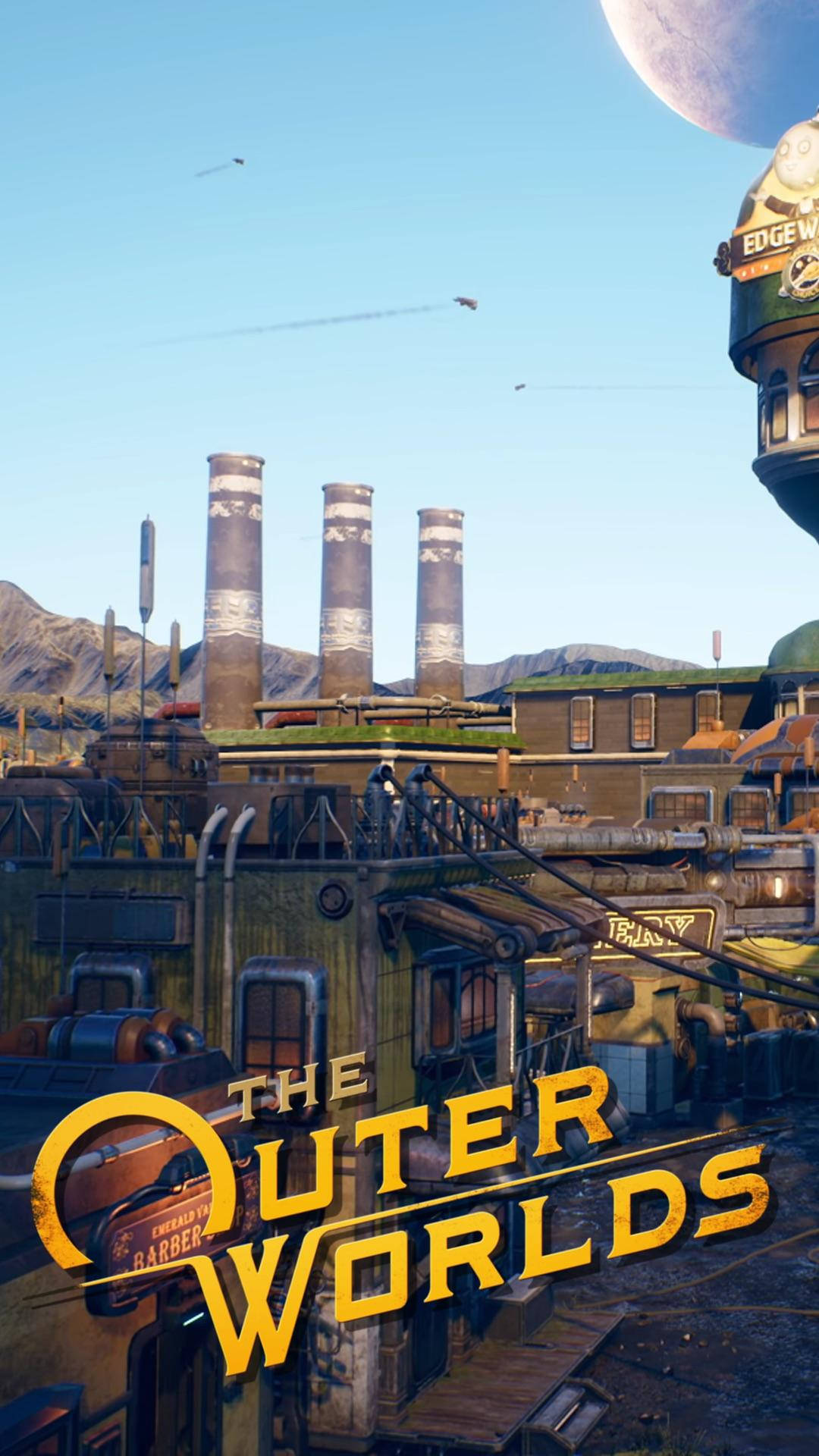The Outer Worlds 桌布 壁紙 — 未來外星小鎮，有生鏽管道和高聳煙囪，藍天下有巨大月亮。