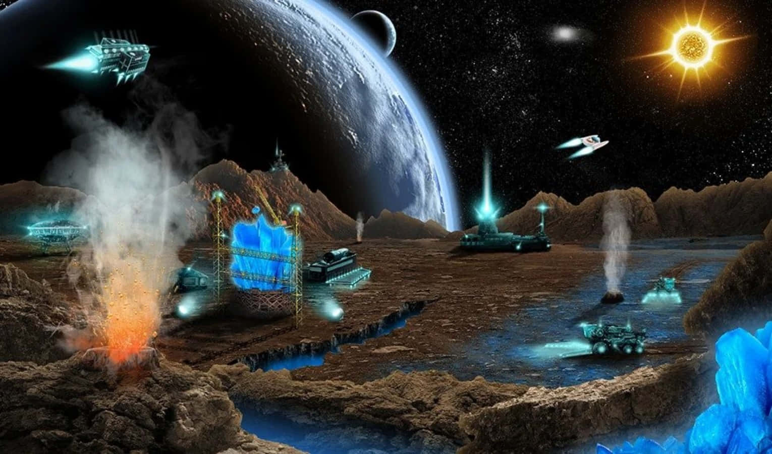 Space Mining 桌布 壁紙 — 未來外星行星基地，發光藍色結構和飛船，位於巨大行星和明亮太陽之下。
