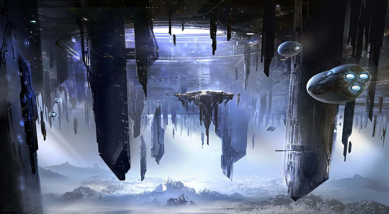 Halo Forerunner 桌布 壁紙 — 未來外星飛船在鏡像倒轉的天空下，懸浮在積雪山脈之上。