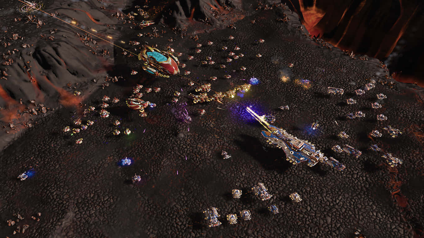 1366x768 Ashes Of The Singularity 桌布 壁紙 — 未來太空船在一個火山外星行星上空戰鬥，伴隨著發光的能量爆炸和熔岩流。