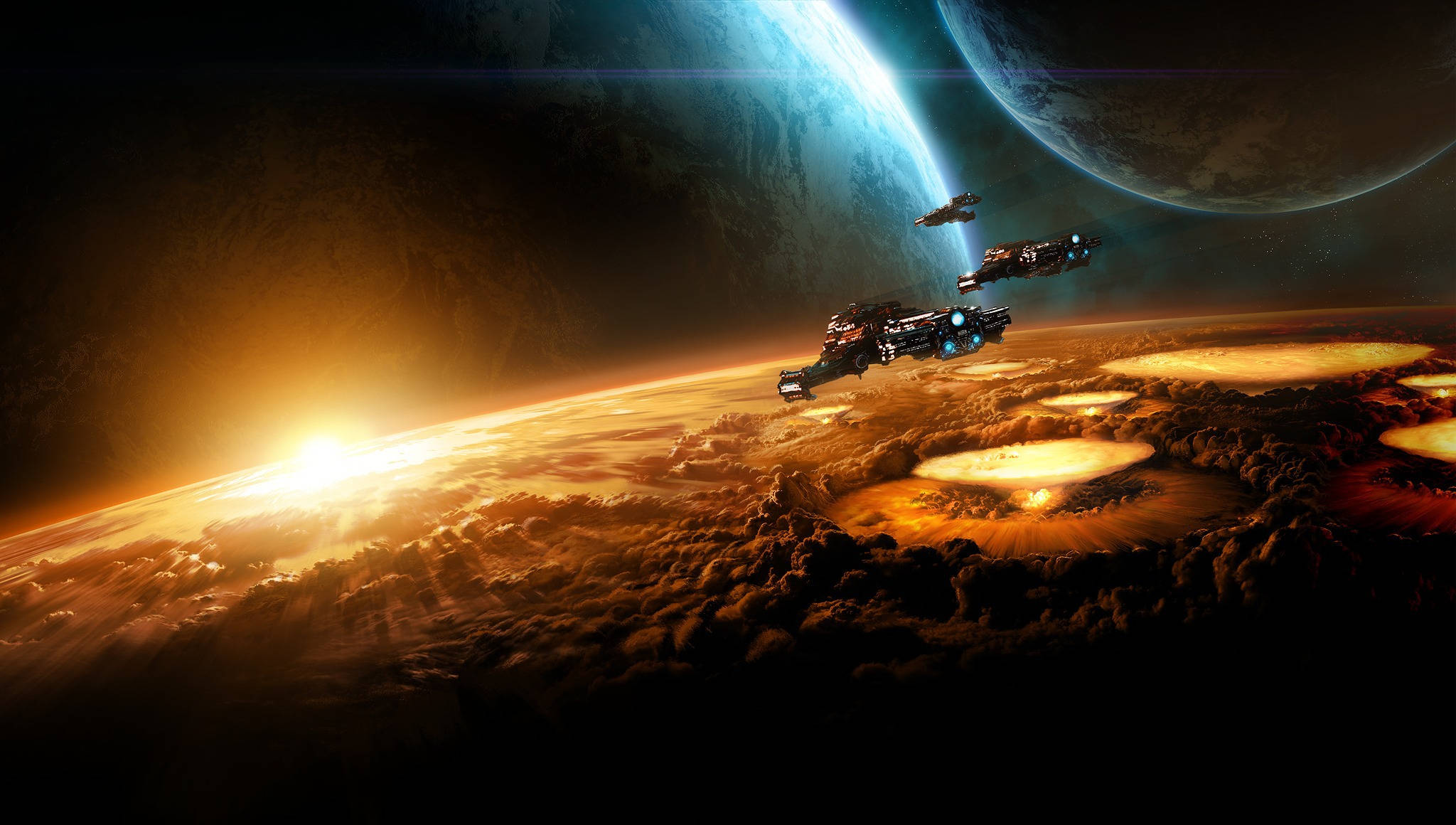Starcraft 2 桌布 壁紙 — 未來太空船在一個發光的外星行星上空翱翔，該行星有雙衛星，燦爛的日出投射出金色光芒。