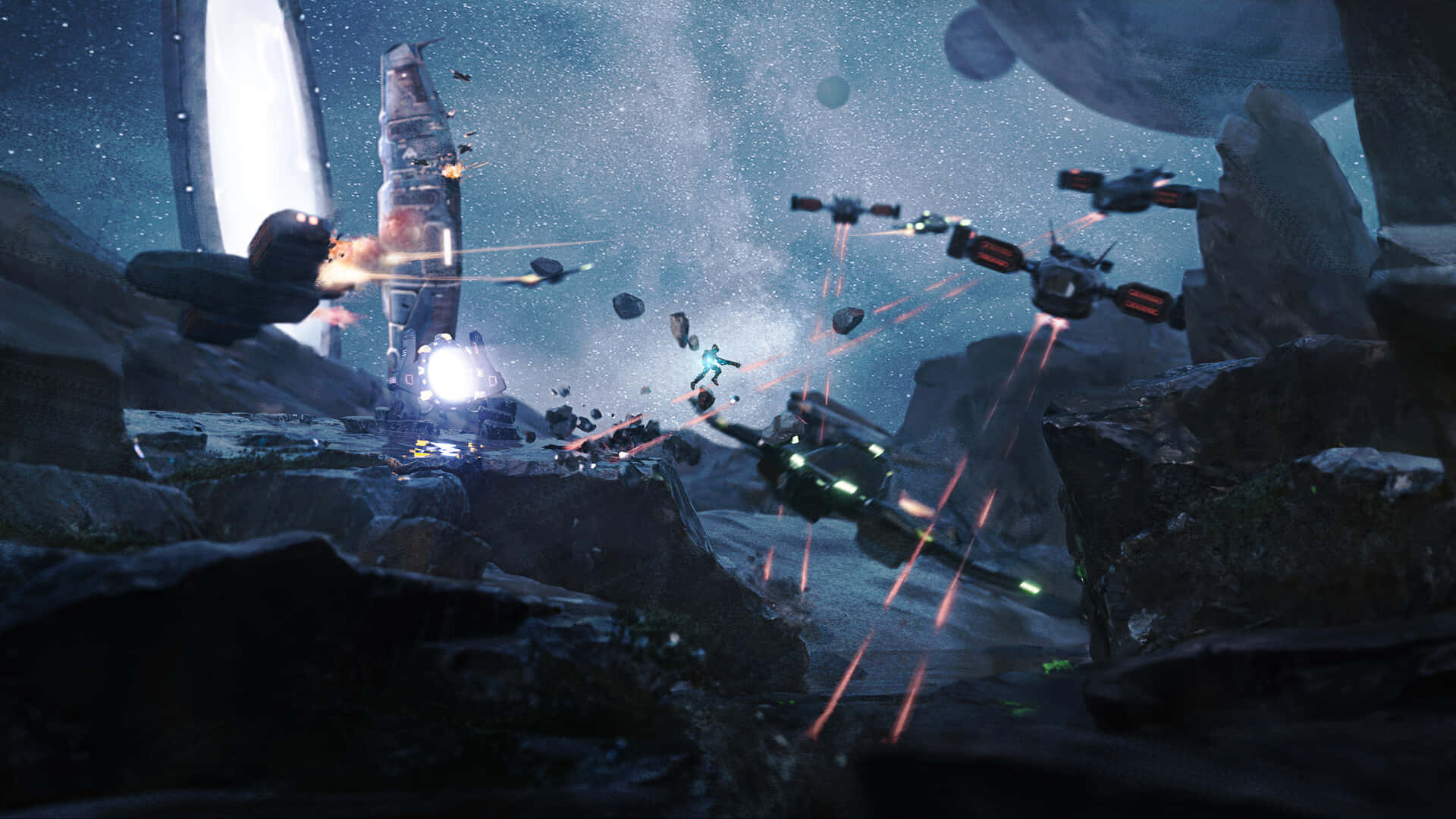 Kamino 桌布 壁紙 — 未來太空船在佈滿岩石的小行星之間戰鬥，背景是星光閃爍的宇宙天空，伴隨著發光的雷射軌跡。