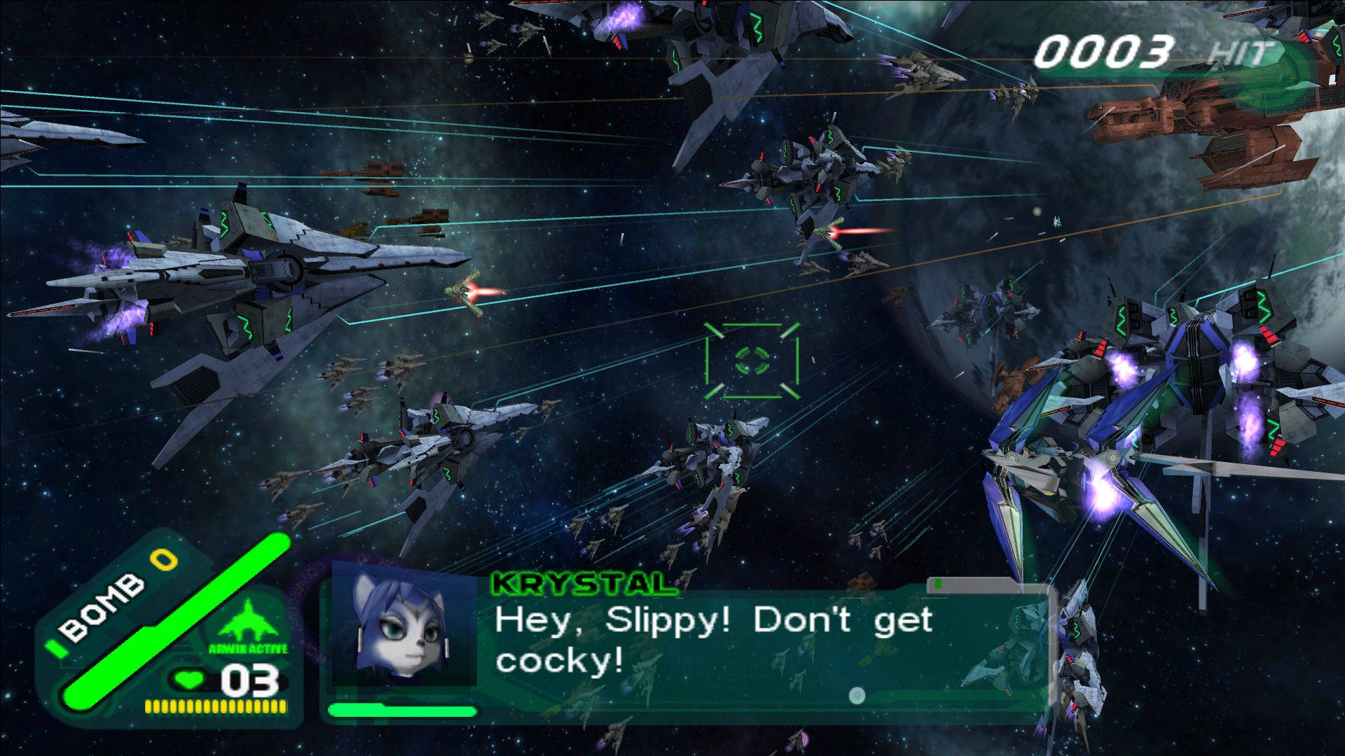 Star Fox 桌布 壁紙 — 未來太空船在佈滿星星的虛空中戰鬥，配備發光武器和螢幕上的遊戲HUD元素。