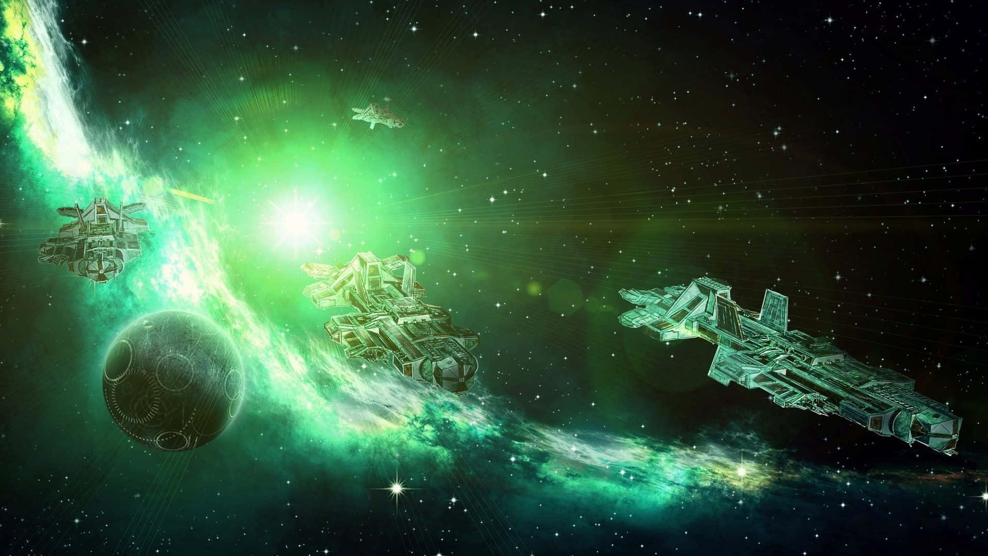 Green Galaxy 桌布 壁紙 — 未來太空船在充滿活力的綠色星雲中航行，有發光的星星和遙遠的行星在深空。