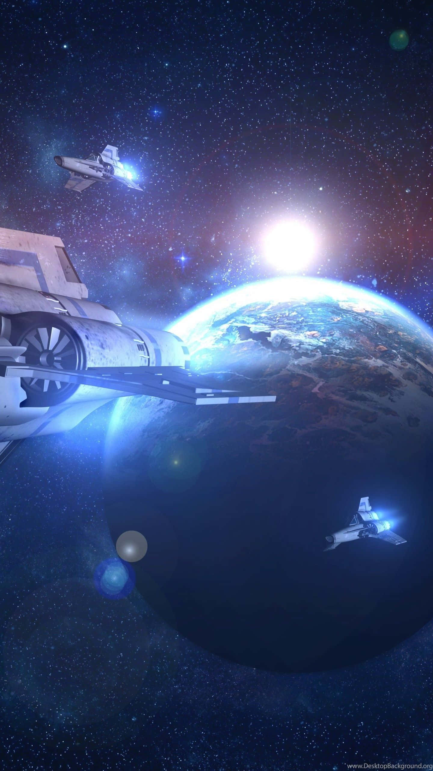 Tv Series 桌布 壁紙 — 未來太空船在星光熠熠的太空中翱翔，靠近一個帶有旋轉雲層的發光藍色行星。