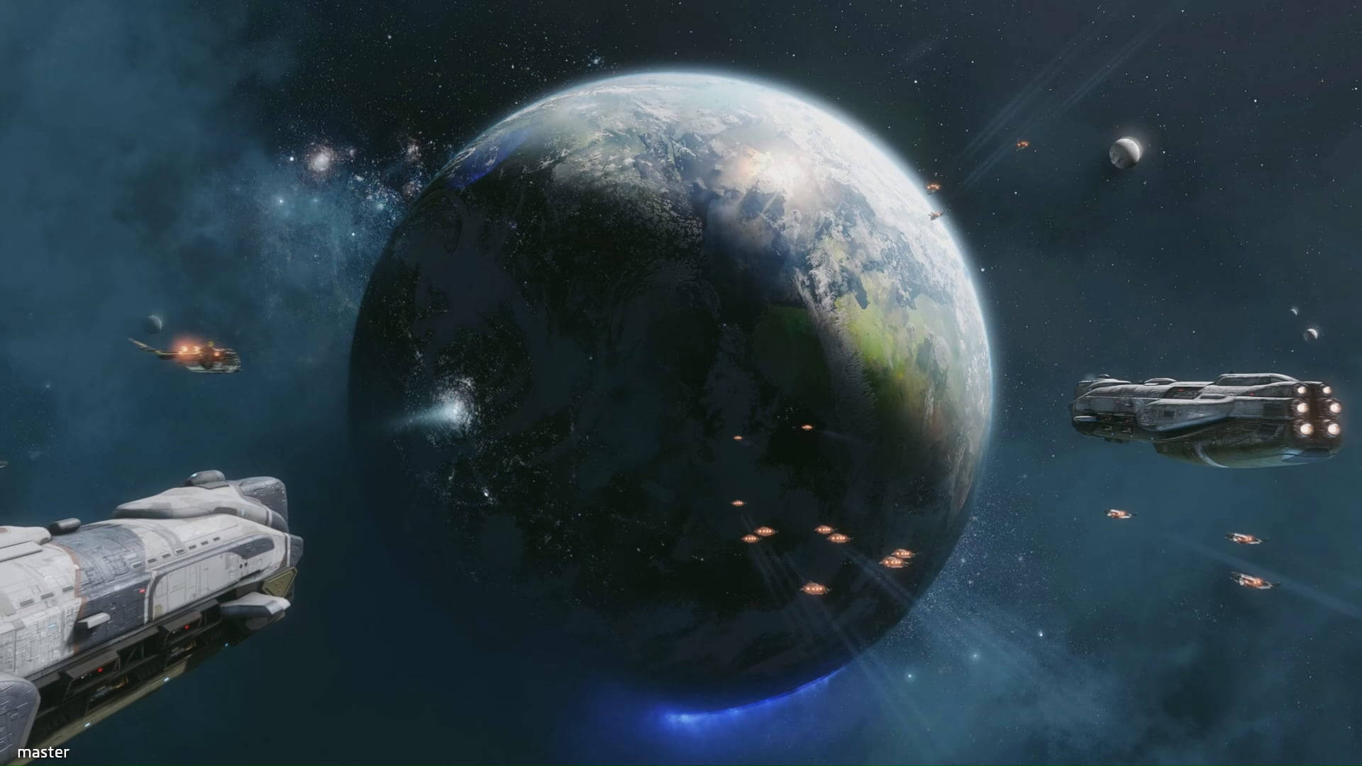電玩遊戲 桌布 壁紙 — 未來太空船在星空導航，靠近一個帶有發光大氣帶的巨大藍綠色行星。