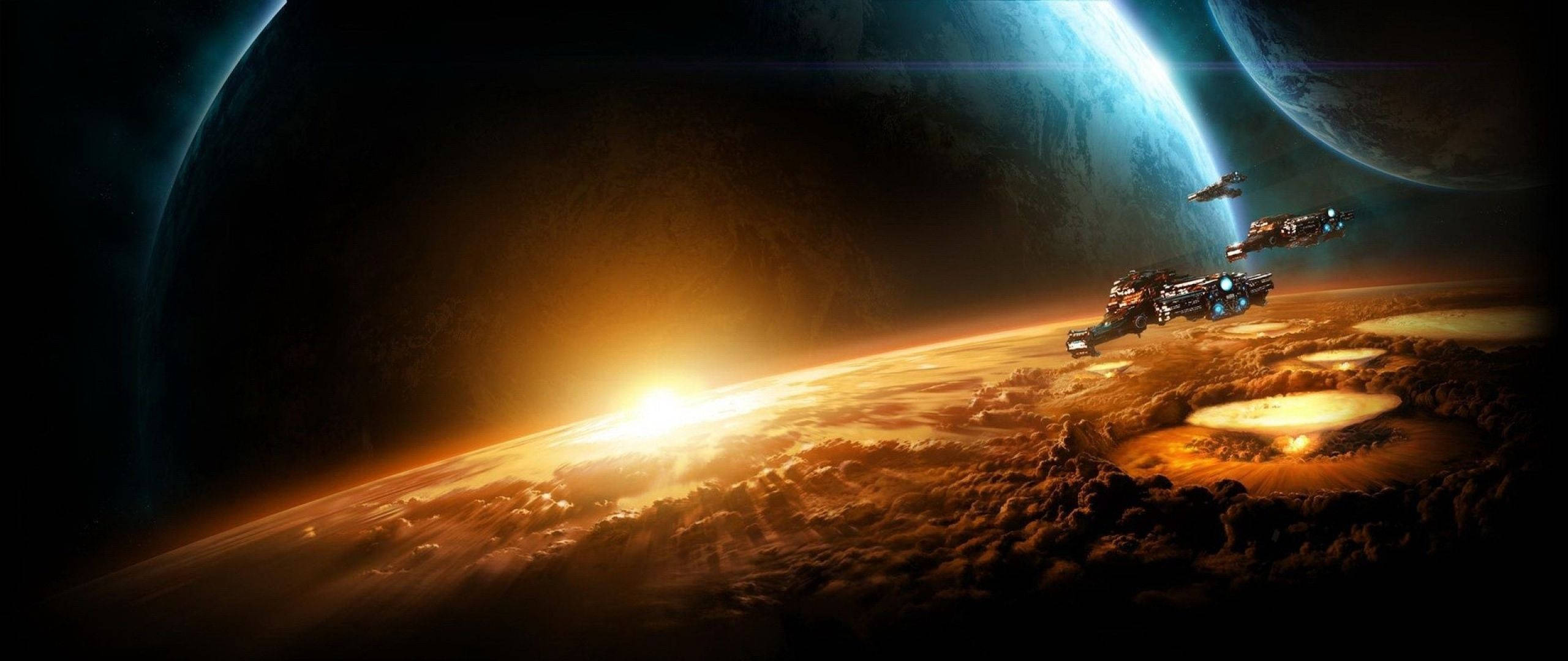外太空 桌布 壁紙 — 未來太空船在發光的外星行星上空翱翔，雙月投下藍色陰影，在宇宙黎明中。