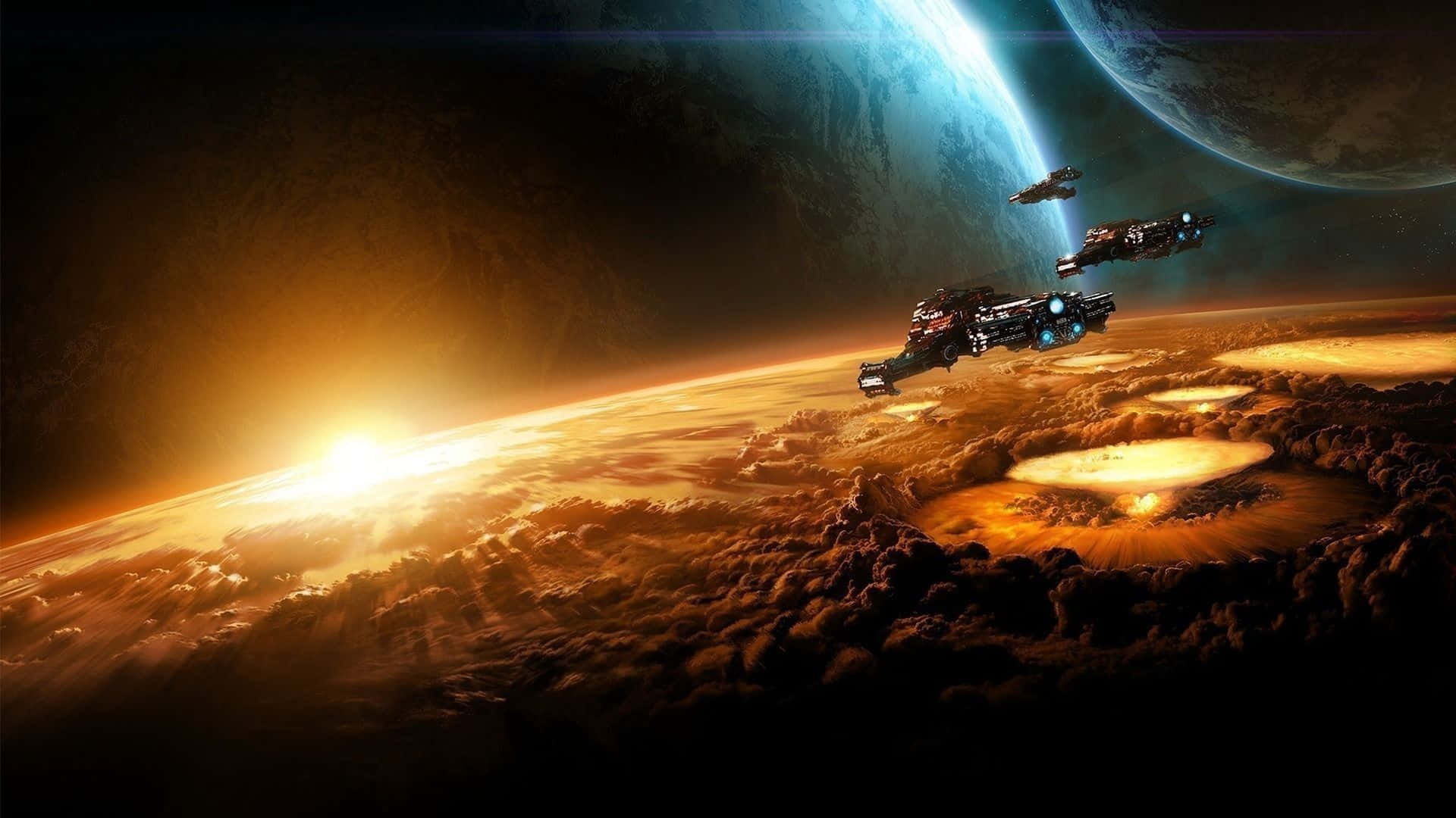Spaceship 桌布 壁紙 — 未來太空船在發光的外星行星上空翱翔，行星上有旋轉的雲層和地平線上燦爛的太陽。