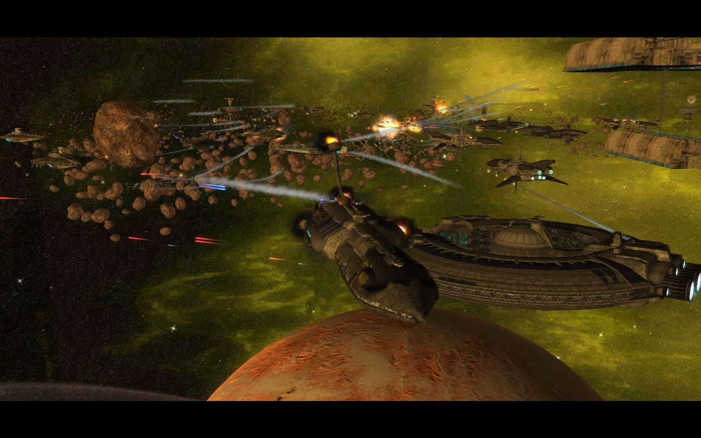 The Battle Of Geonosis 桌布 壁紙 — 未來太空船在紅色行星附近的小行星和發光星雲中戰鬥。