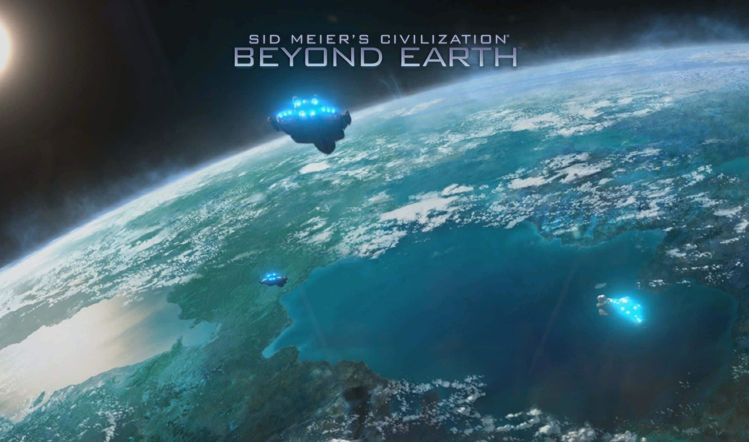 2440x1440 Civilization Beyond Earth 桌布 壁紙 — 未來太空船發出藍色光芒，環繞著一個擁有漩渦雲層和海洋的鮮豔藍綠色行星運行。