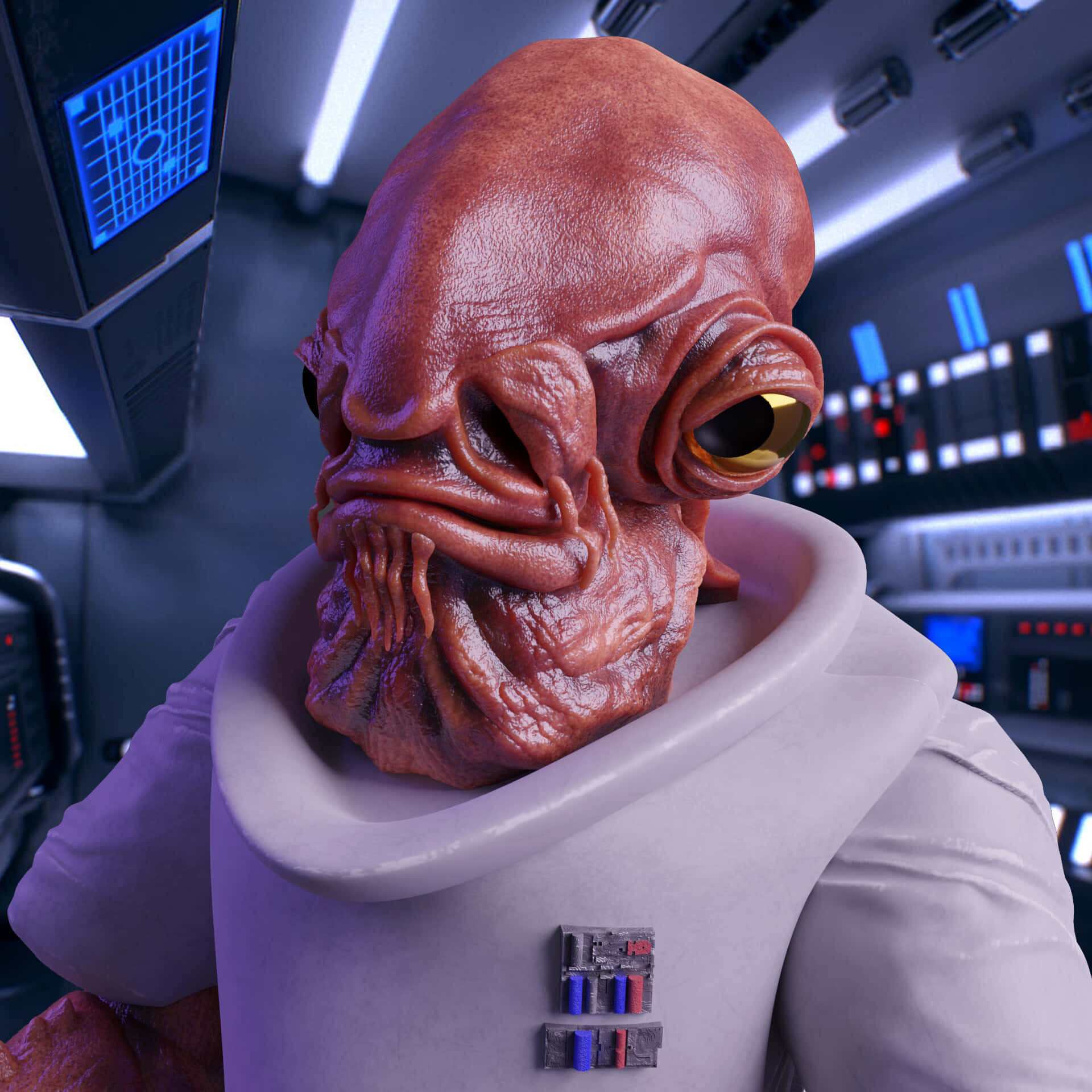Admiral Ackbar 桌布 壁紙 — 未來太空船駕駛艙中，一個紅皮膚、金色大眼睛的外星人特寫。
