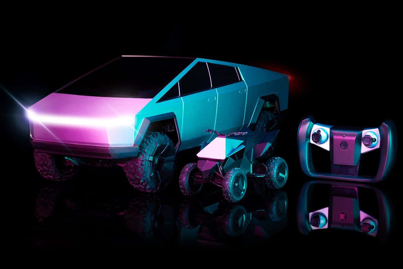 Tesla Cybertruck 桌布 壁紙 — 未來感 cyberpunk 車輛與遙控器，在反光黑色表面上發出霓虹粉紅與青色光芒。