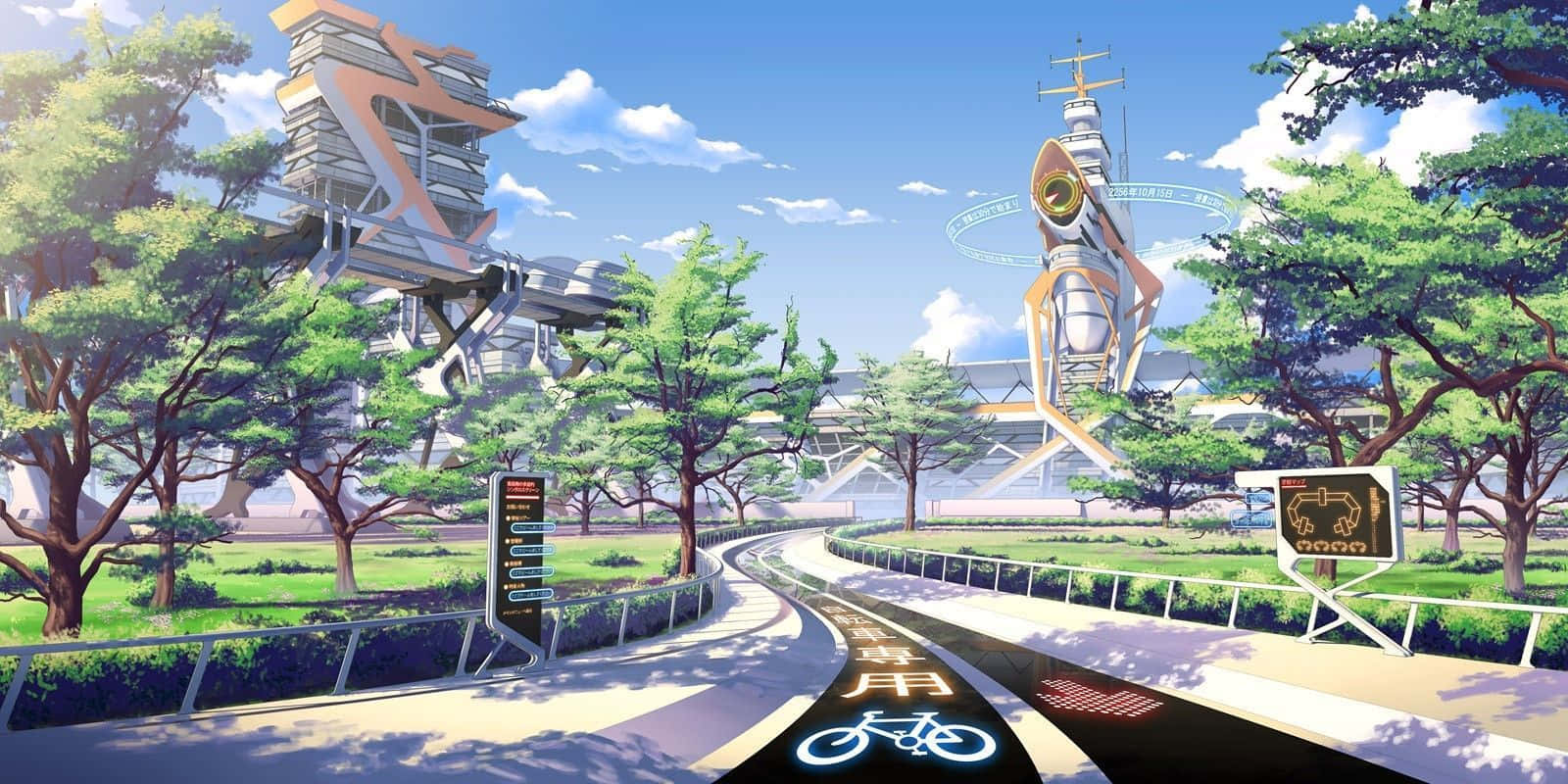 Building 桌布 壁紙 — 未來感動漫城市景觀，發光的自行車道蜿蜒穿過茂密的綠樹，映襯著明亮的藍天。