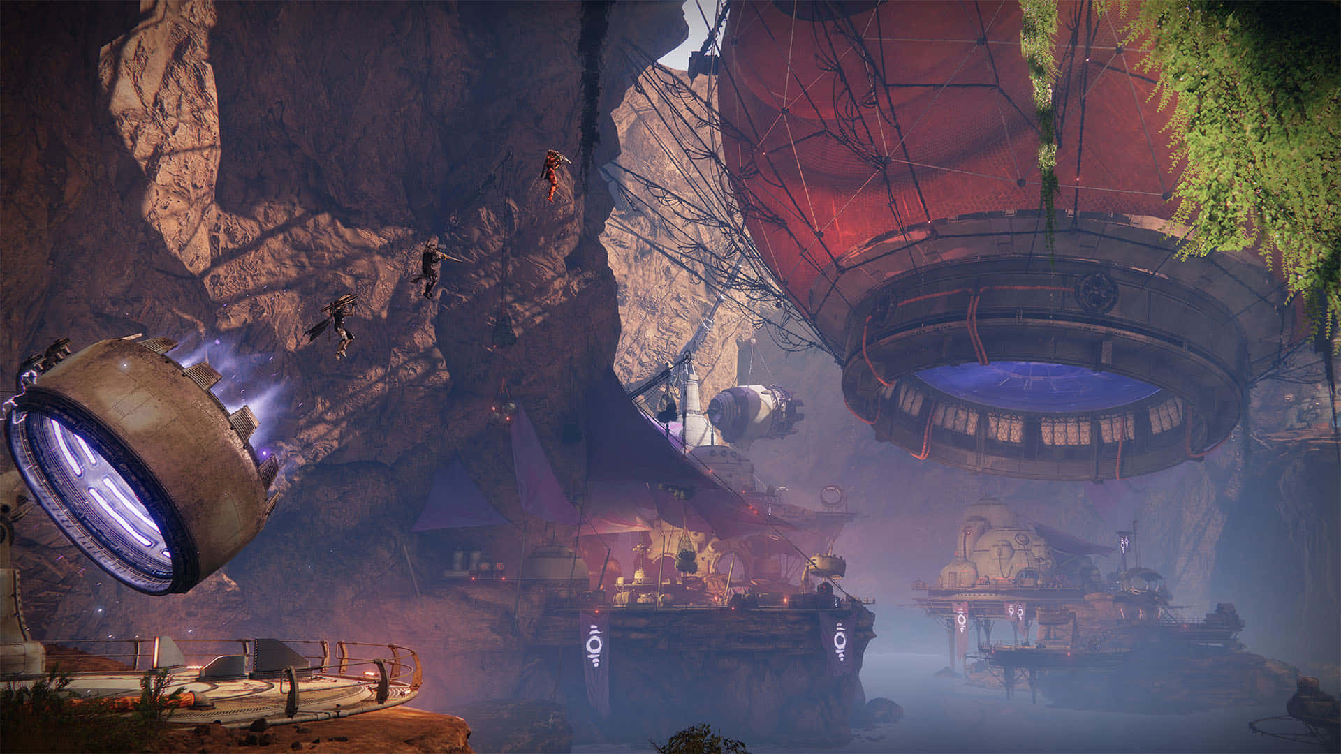 Best Destiny 2 桌布 壁紙 — 未來感十足的浮動平台和發光科技懸掛在迷霧峽谷中，周圍有藤蔓和岩石峭壁。
