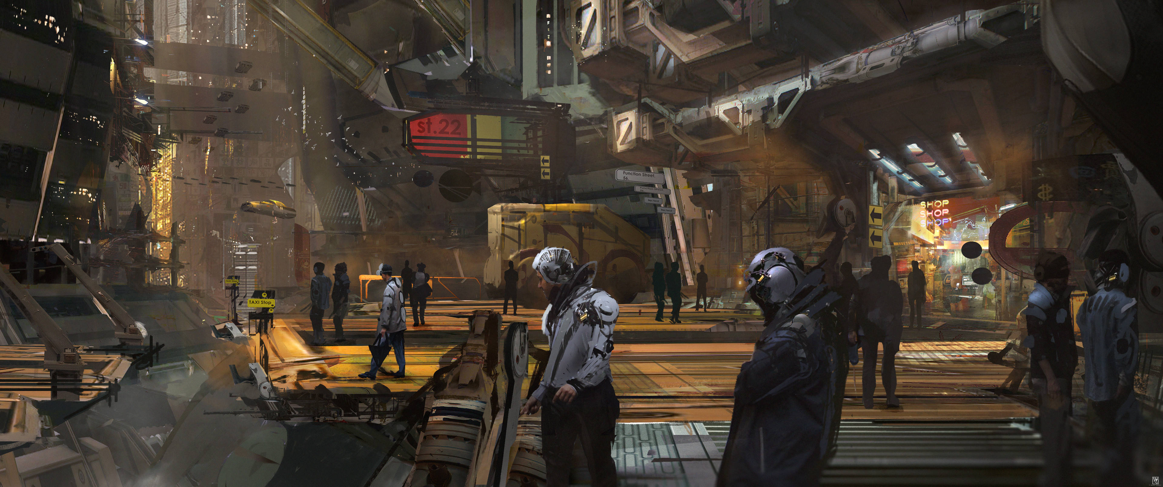 Sci Fi Landscape 桌布 壁紙 — 未來感十足的賽博龐克城市景觀，霓虹招牌聳立在裝甲行人之上，背景是骯髒的工業小巷。
