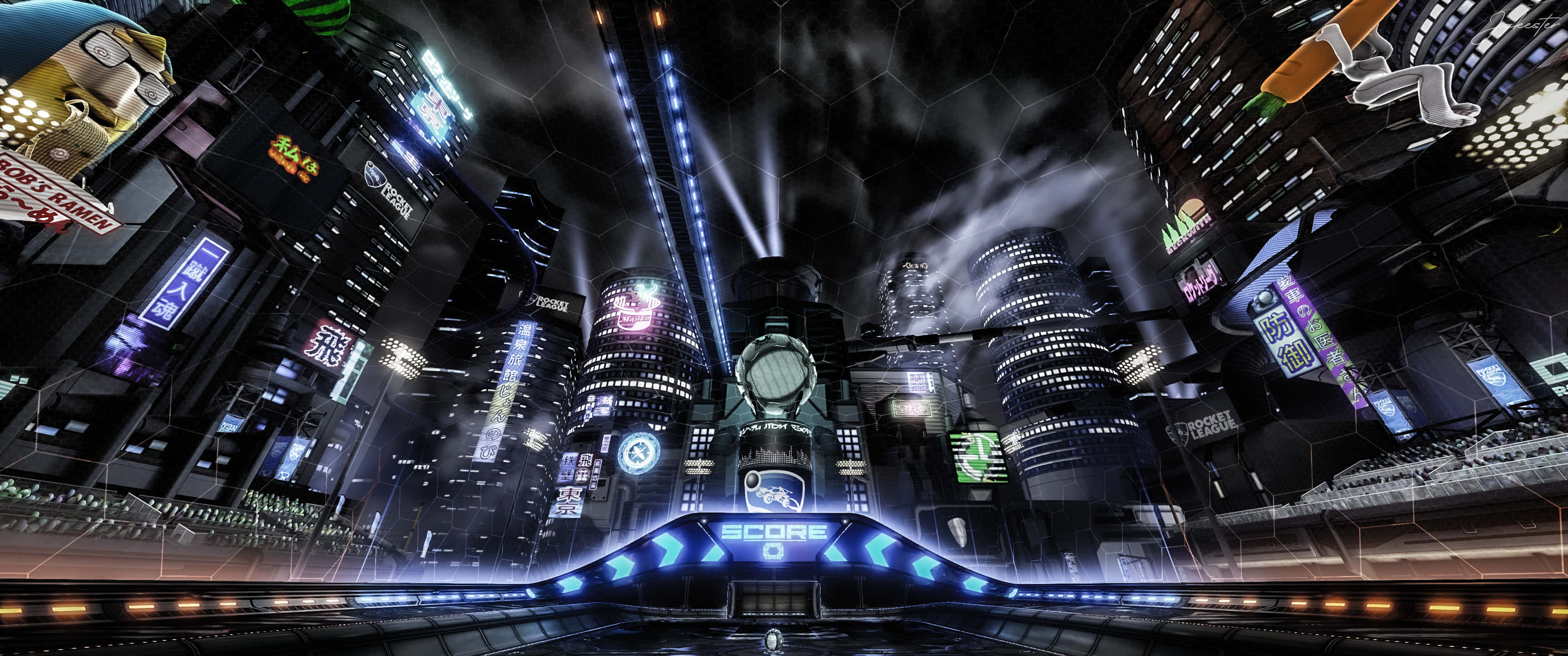3440x1440p Rocket League 桌布 壁紙 — 未來感十足的霓虹燈夜景城市景觀，高聳的摩天大樓閃爍著鮮豔的數位廣告牌，前景有發光的比分顯示。