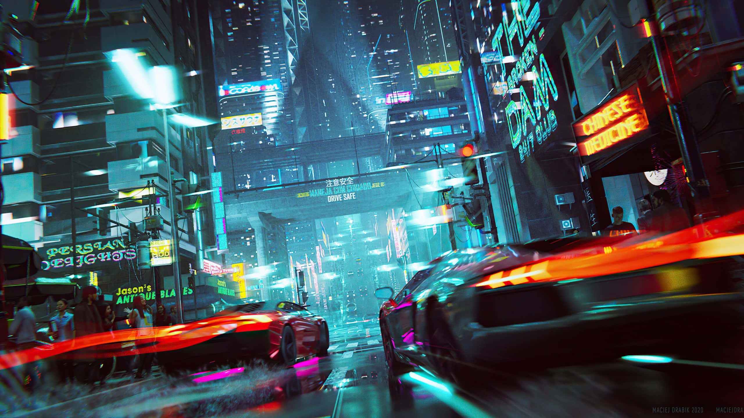 桌布 壁紙 — 未來感十足的霓虹燈海 cyberpunk 城市街道，夜晚有高速行駛的汽車和發光招牌，倒映在濕漉漉的路面上。