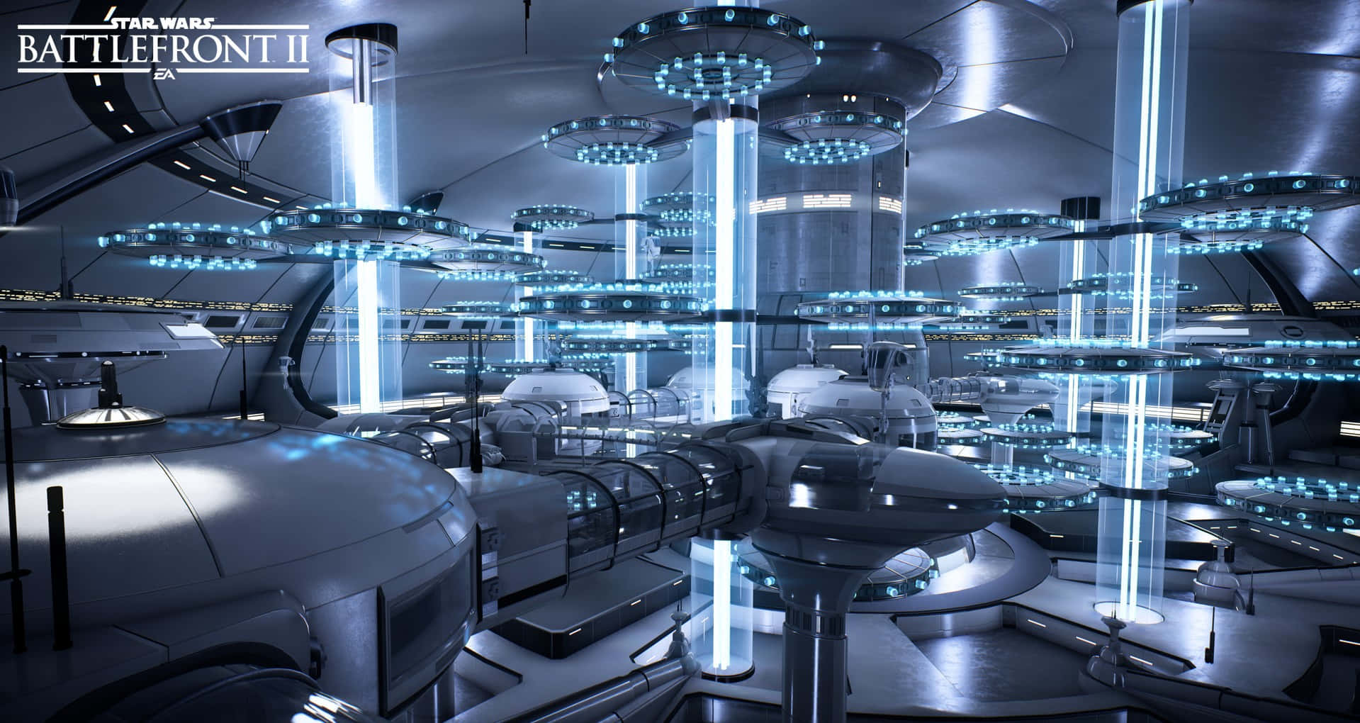 Kamino 桌布 壁紙 — 未來感太空船內部，發光藍色管道與圓形燈具照亮光滑金屬表面。
