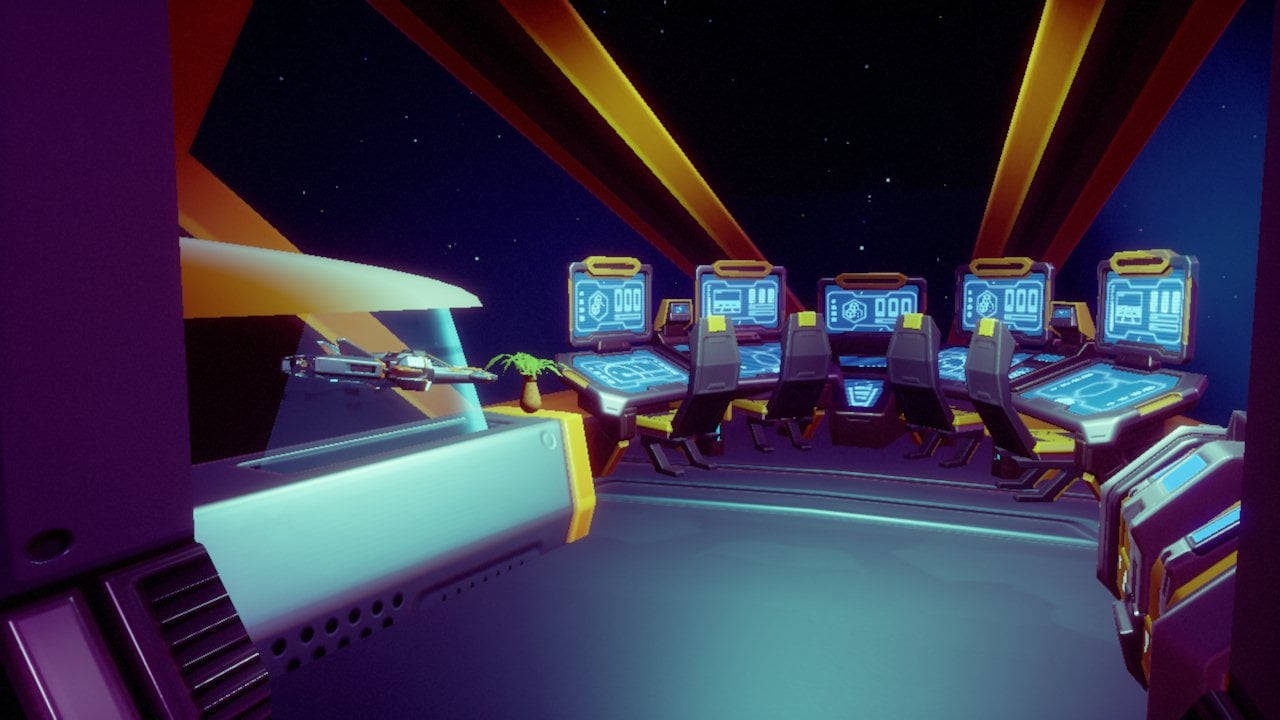 arcade 桌布 壁紙 — 未來感太空船艦橋，配備發光藍色控制台，透過弧形窗戶欣賞星際景觀。