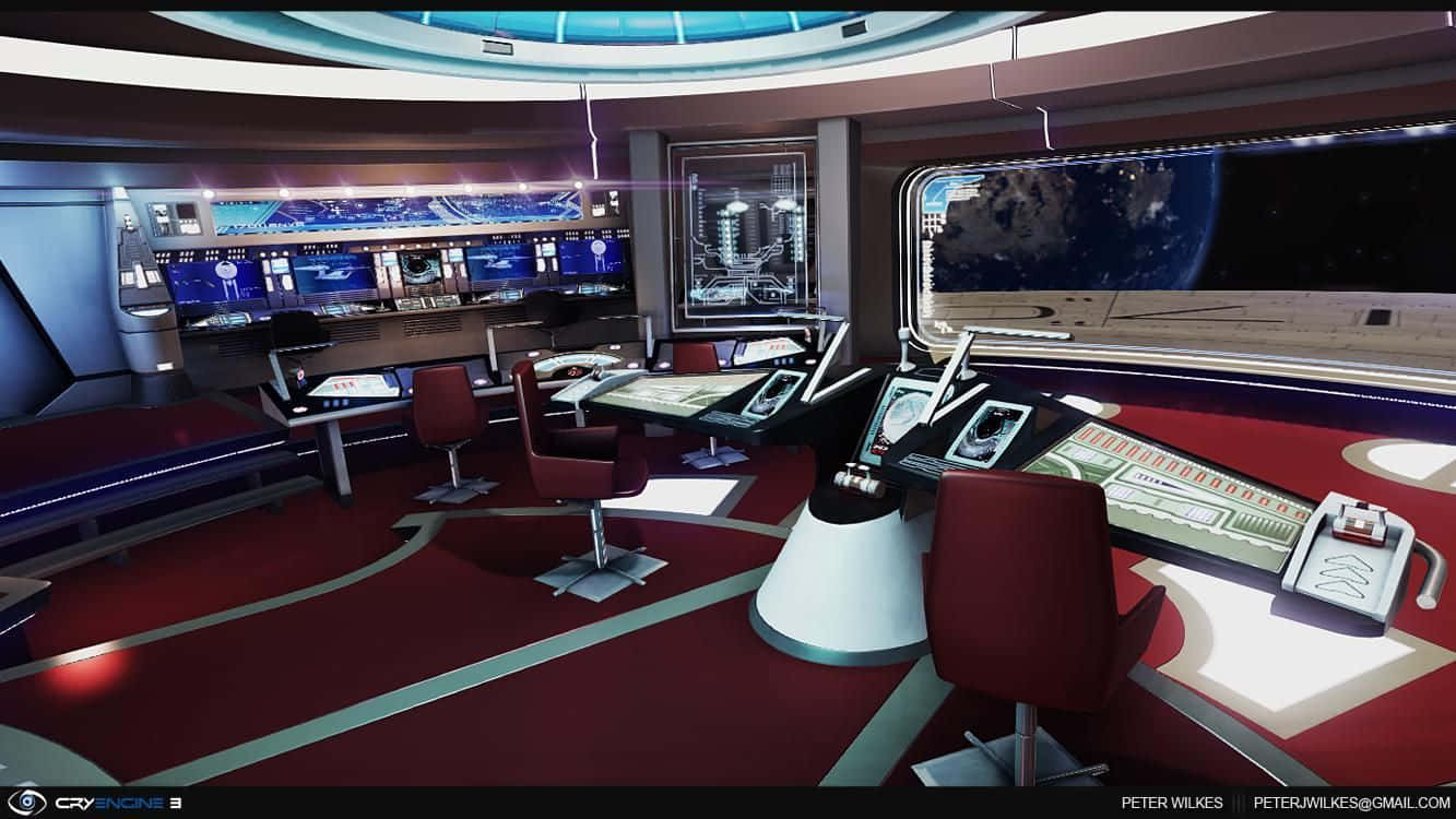Star Trek Enterprise Bridge 桌布 壁紙 — 未來感太空船艦橋，鋪有紅色地毯，藍色發光螢幕顯示星域景觀。