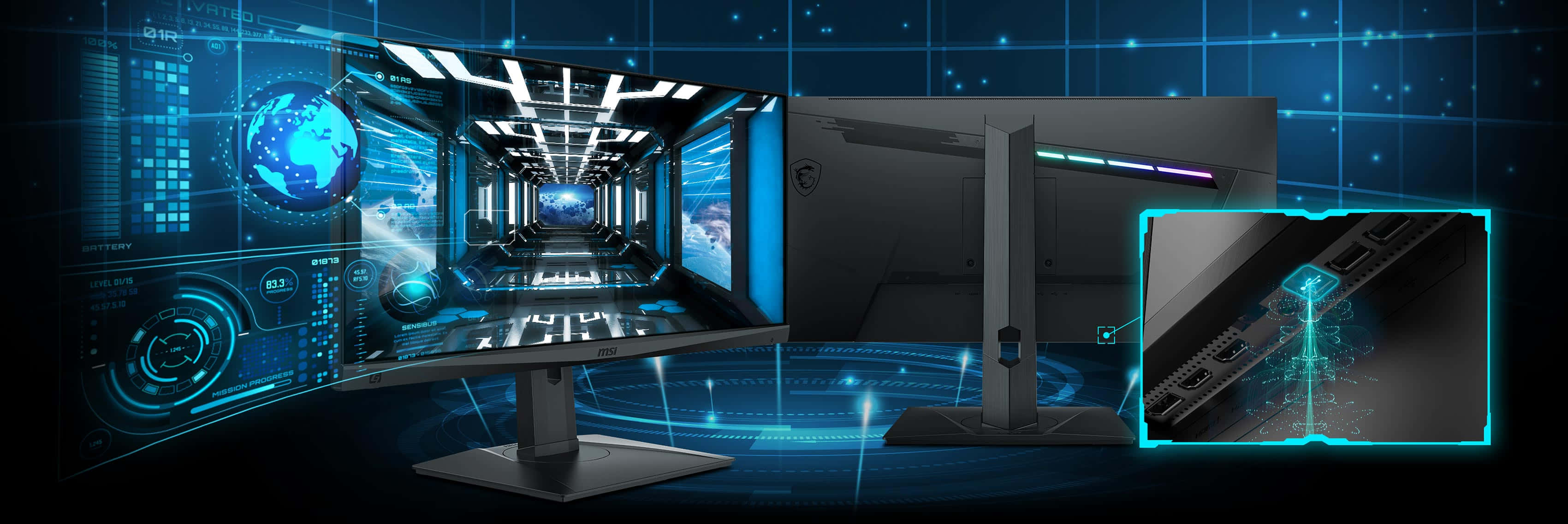 msi 2560x1080 桌布 壁紙 — 未來感彎曲電競顯示器顯示發光數位走廊，配備全息介面和藍色霓虹點綴。