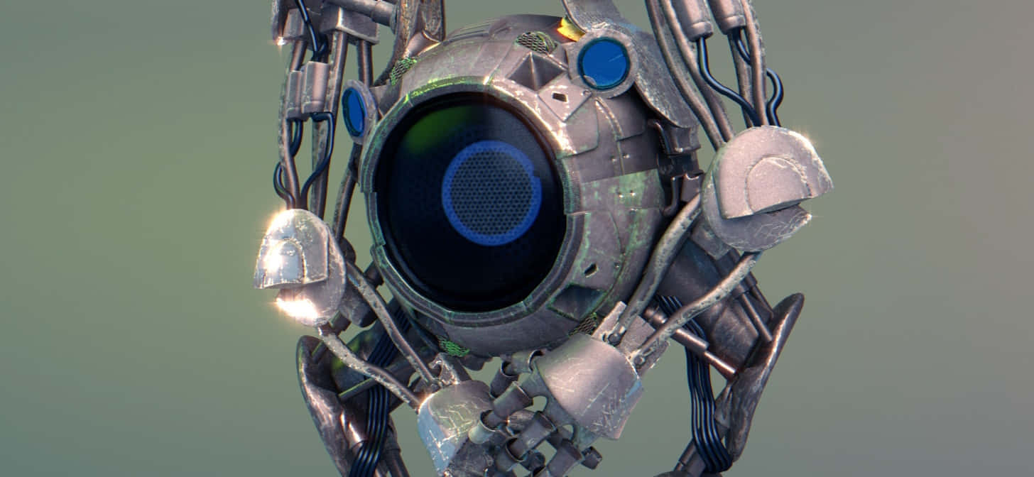 Portal Characters 桌布 壁紙 — 未來感機械頭部特寫，帶有發光藍色眼睛和複雜的金屬線路，背景為柔和的綠色。