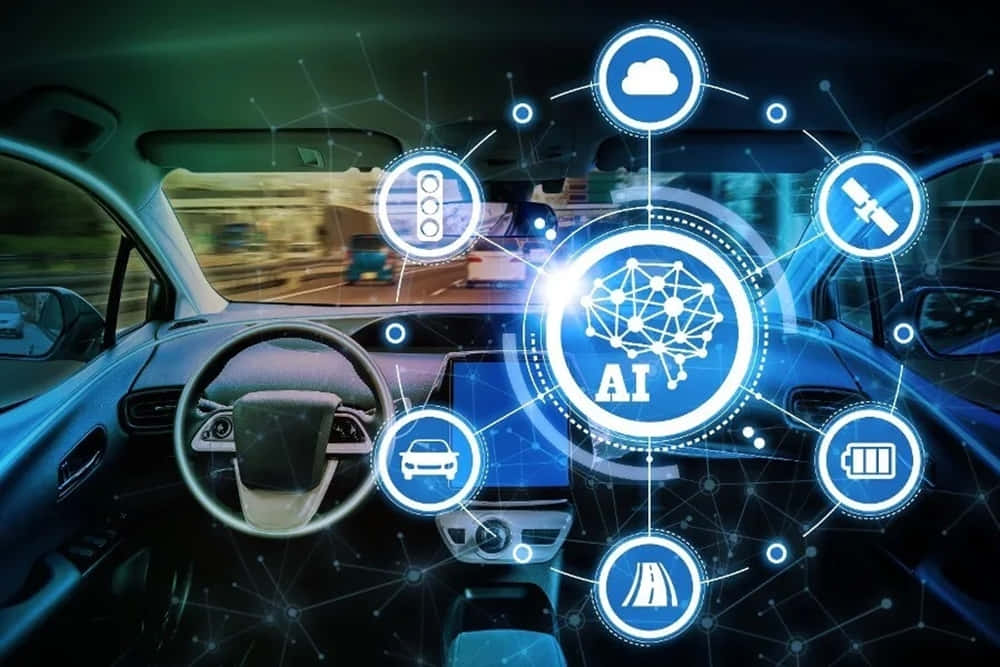 Car Technology 桌布 壁紙 — 未來感汽車內部，發光藍色AI介面圖示漂浮在儀表板上方，展示連接技術。